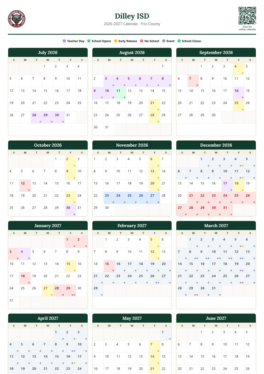 Dilley ISD printable 2026–2027 calendar
