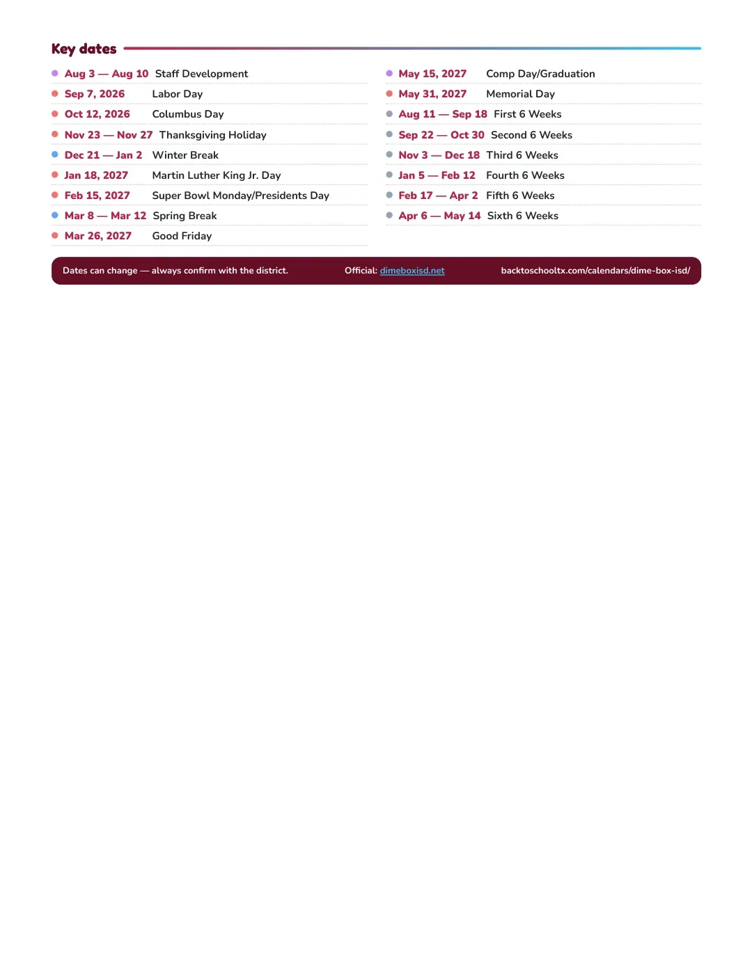 Dime Box ISD Calendar for the Year 26-27 — key dates