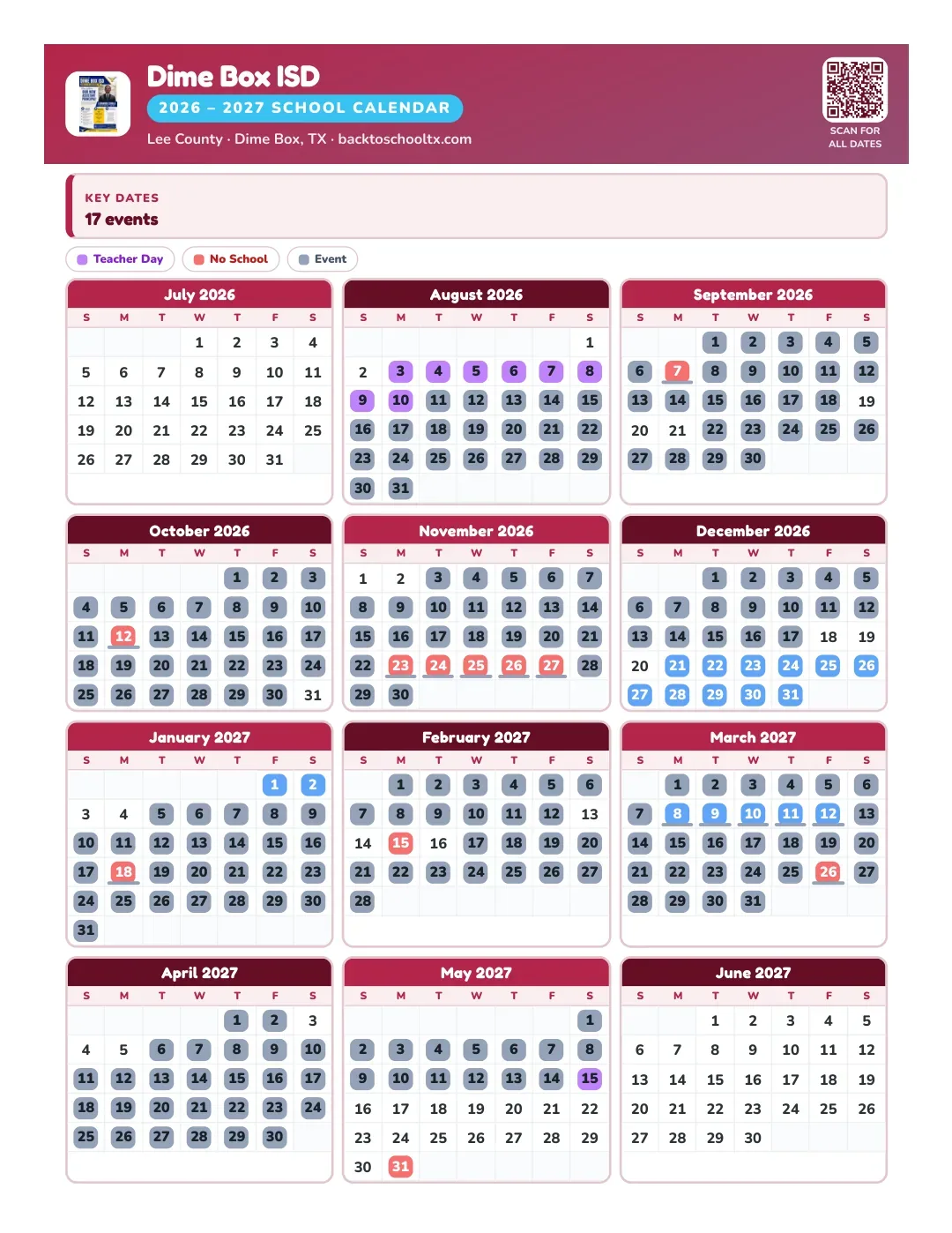 Dime Box ISD Calendar for the Year 26-27