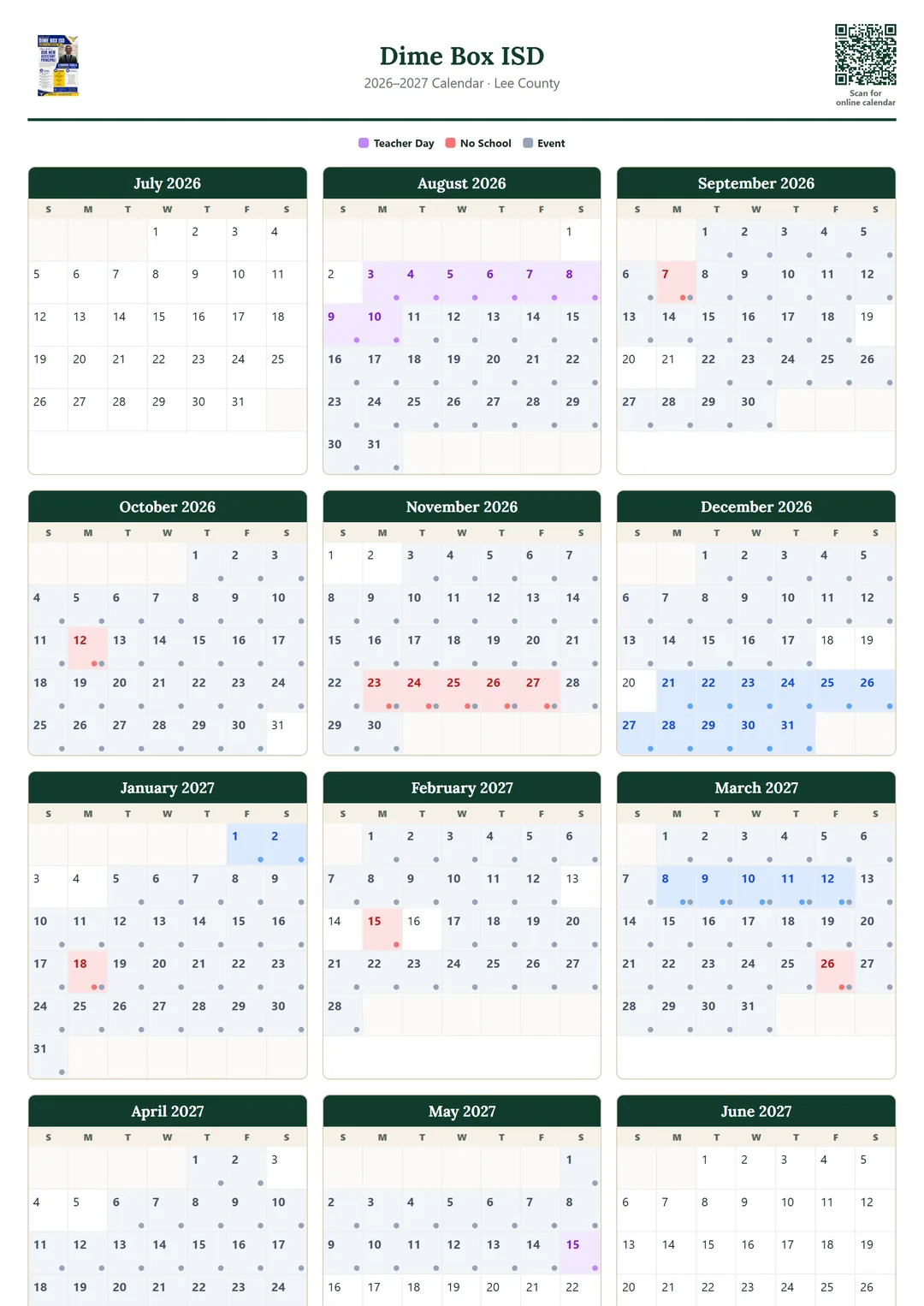 Dime Box ISD printable 2026–2027 calendar