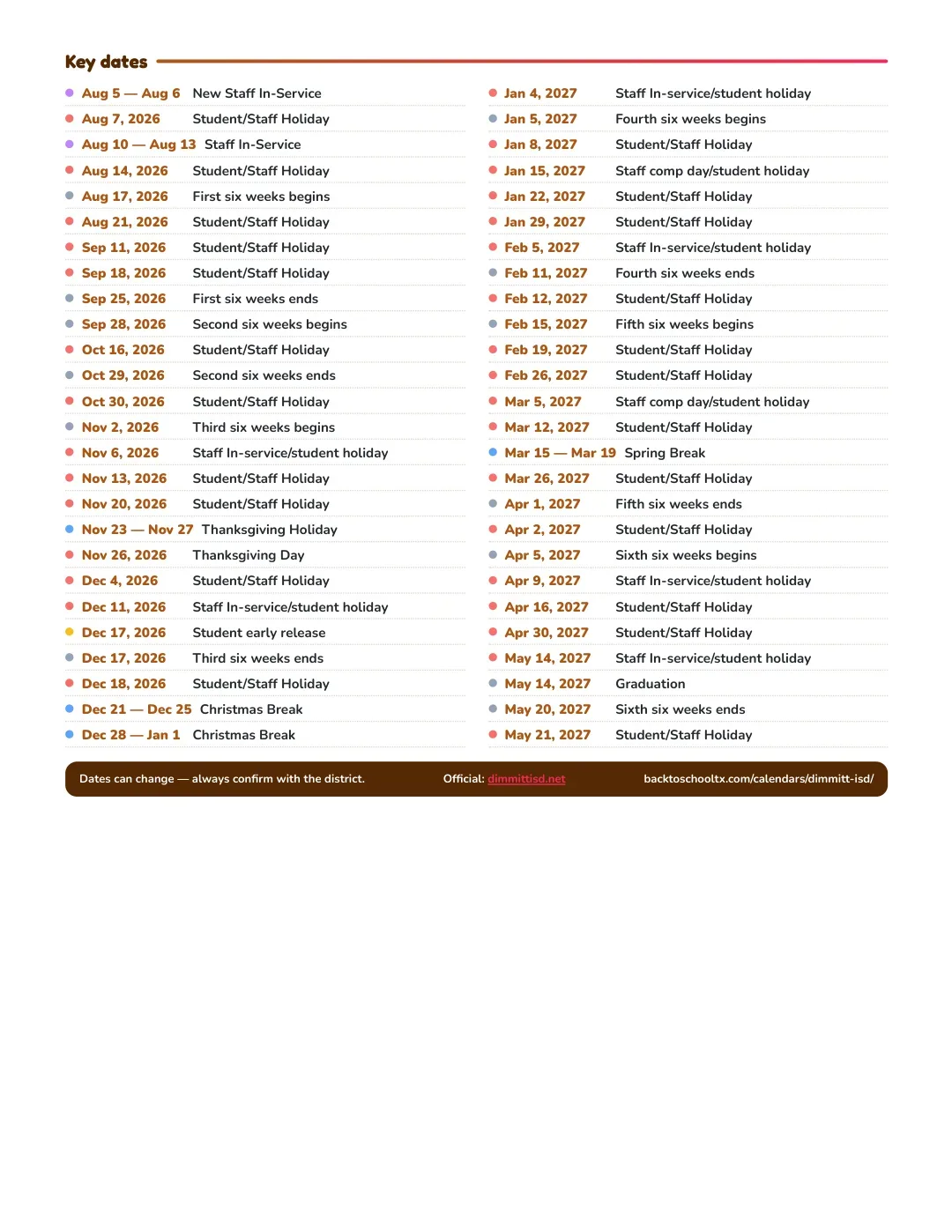 Dimmitt ISD Calendar for the Year 26-27 — key dates