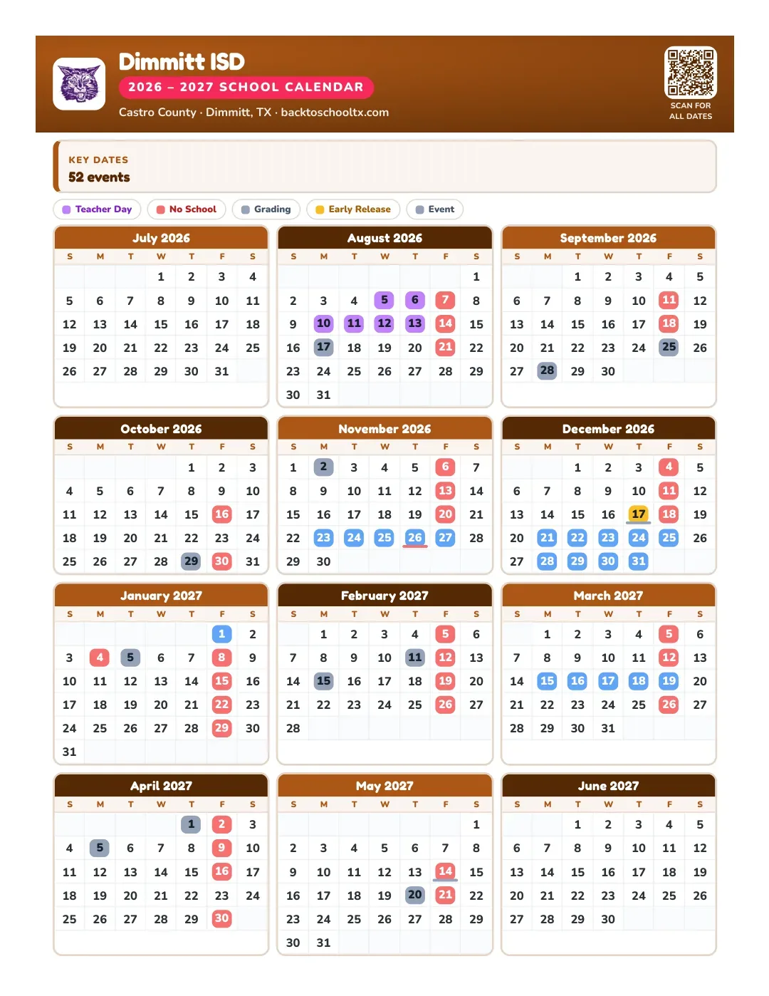 Dimmitt ISD Calendar for the Year 26-27