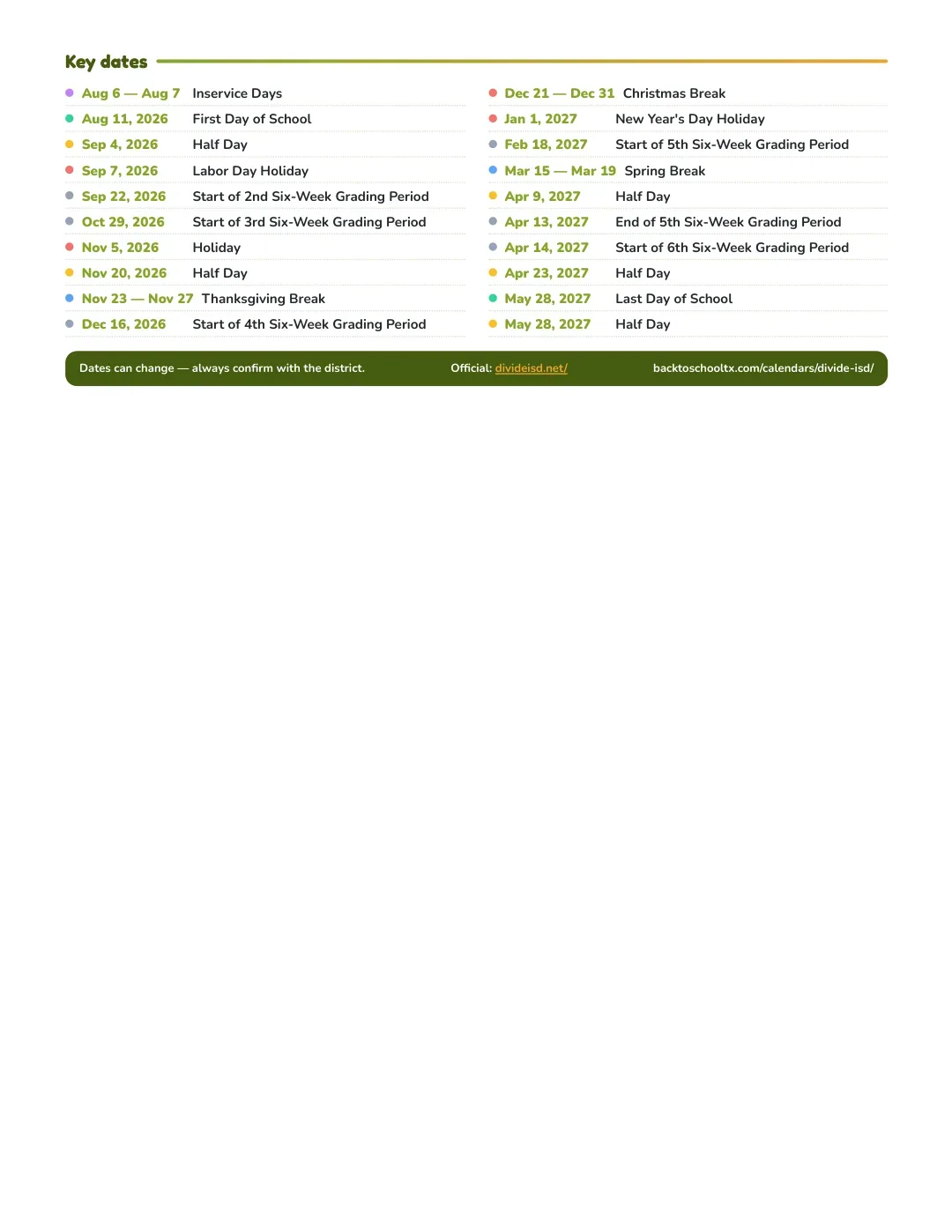 Divide ISD Calendar for the Year 26-27 — key dates