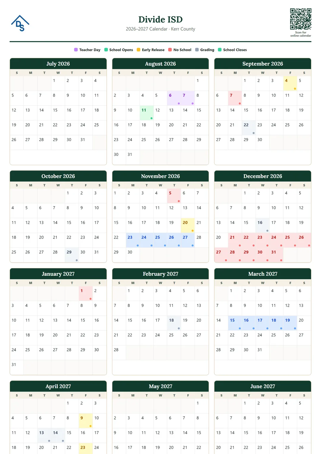 Divide ISD printable 2026–2027 calendar