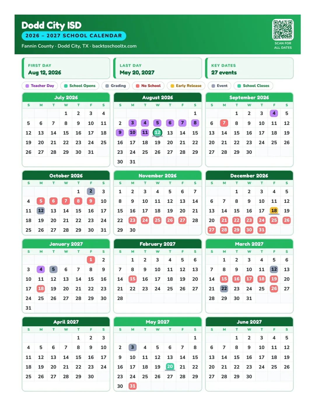 Dodd City ISD Calendar for the Year 26-27
