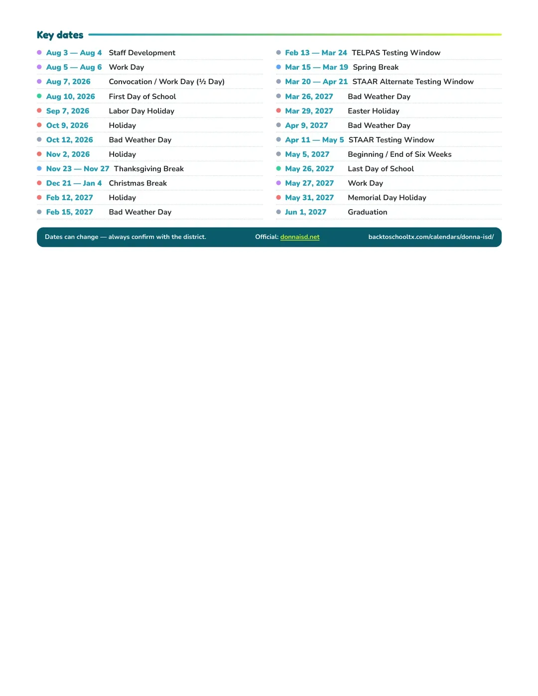 Donna ISD Calendar for the Year 26-27 — key dates