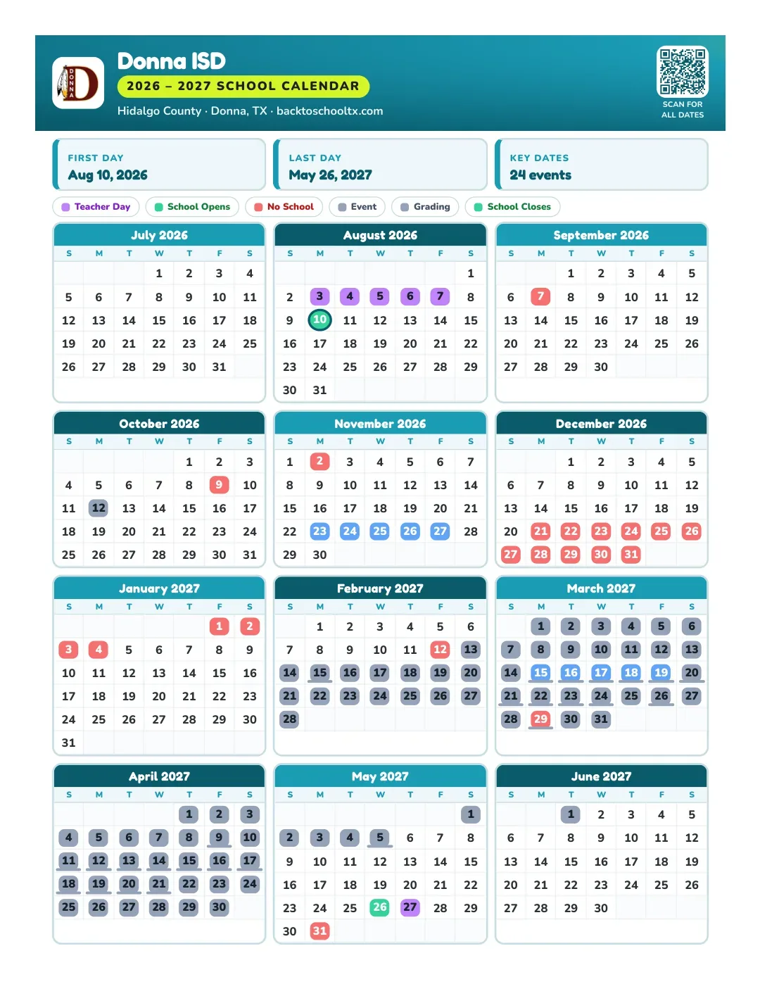 Donna ISD Calendar for the Year 26-27