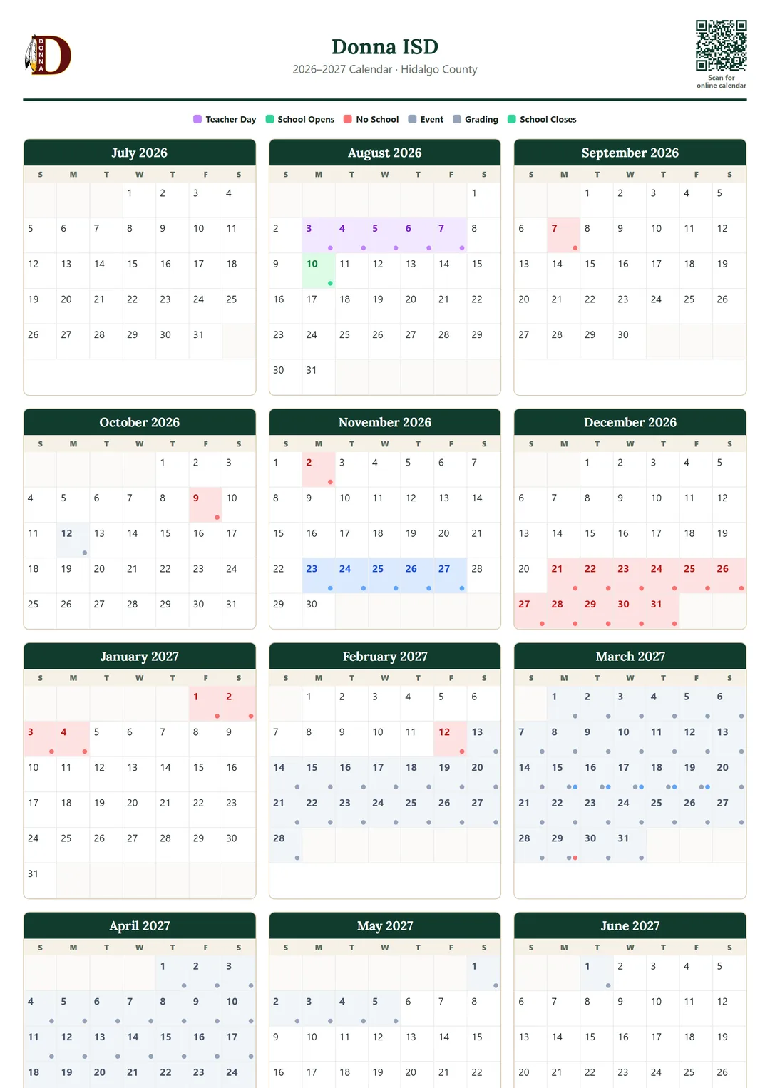 Donna ISD printable 2026–2027 calendar