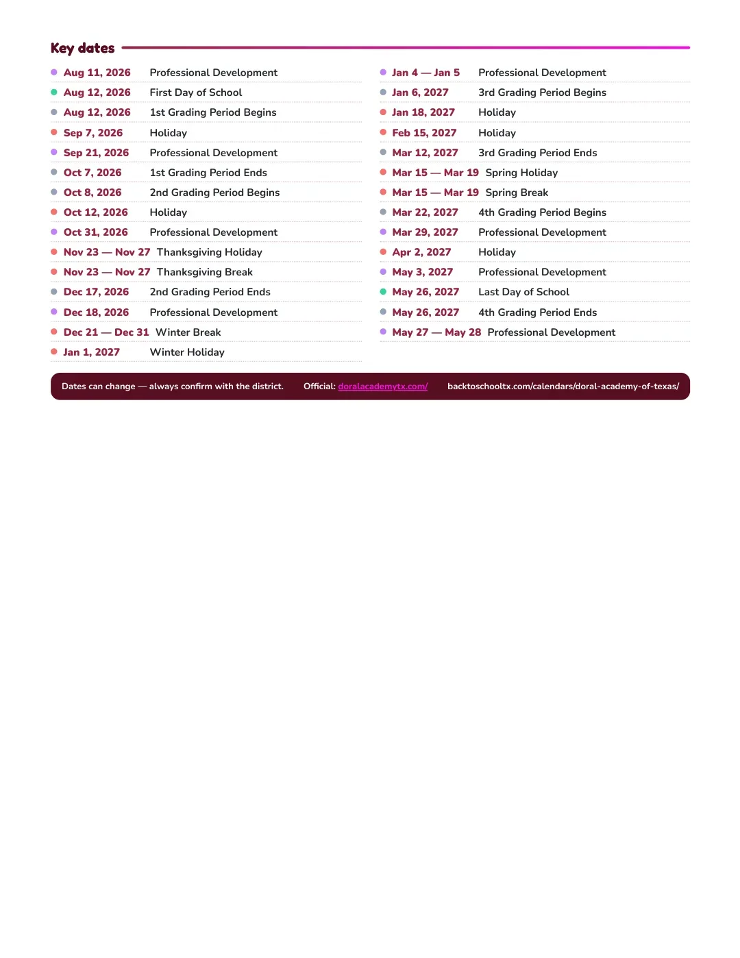 Doral Academy Of Texas Calendar for the Year 26-27 — key dates