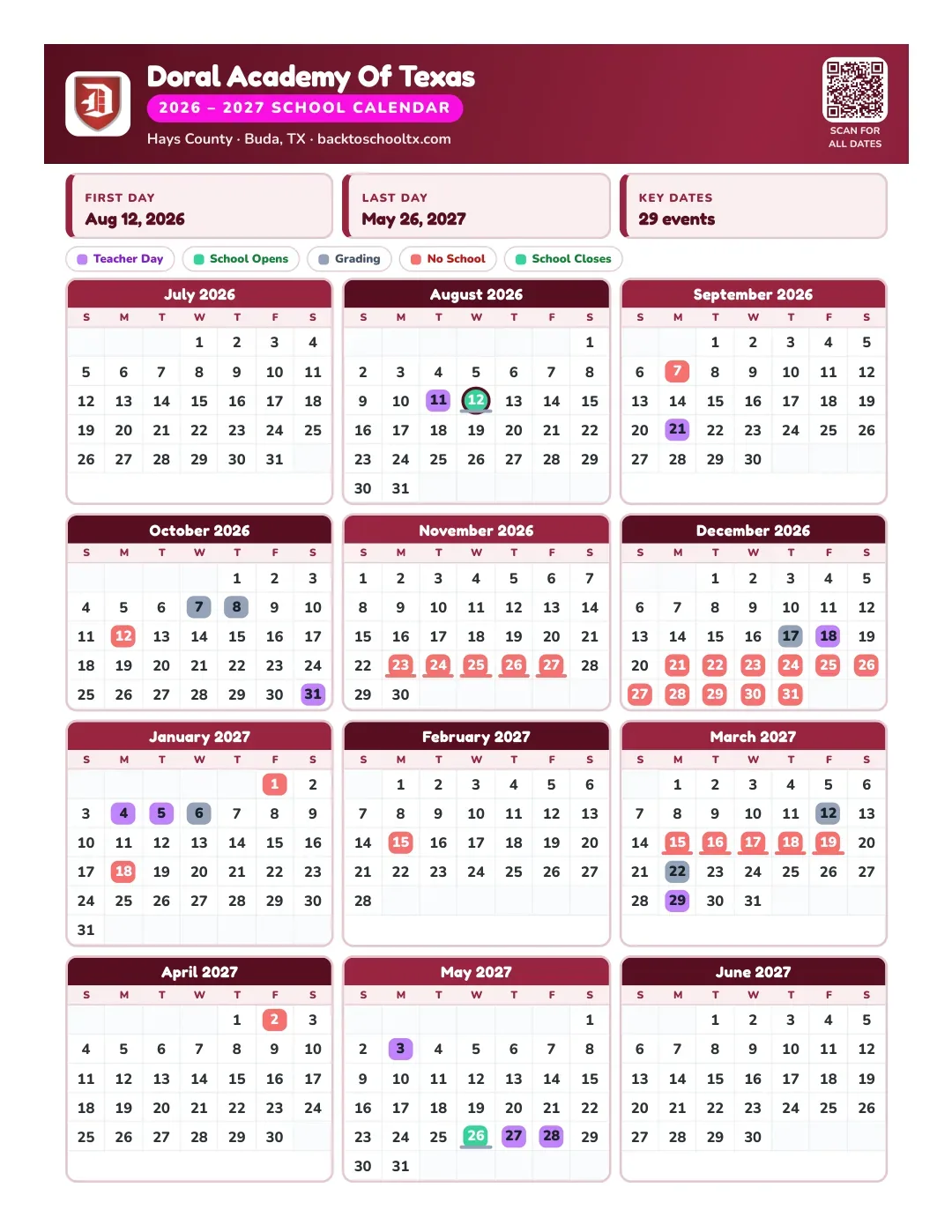 Doral Academy Of Texas Calendar for the Year 26-27
