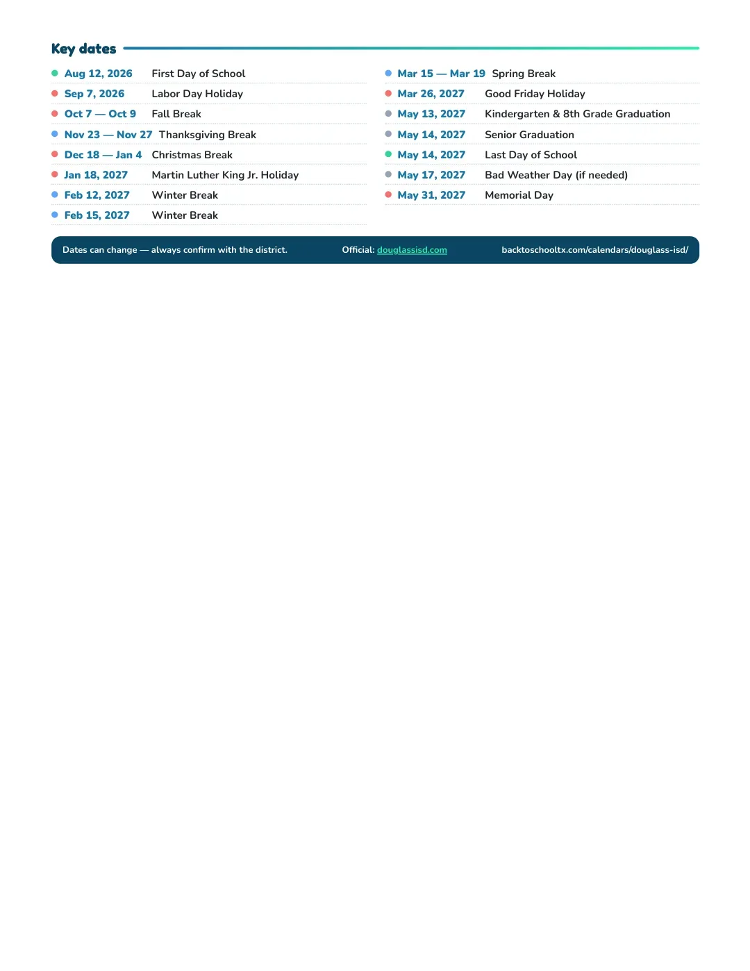 Douglass ISD Calendar for the Year 26-27 — key dates
