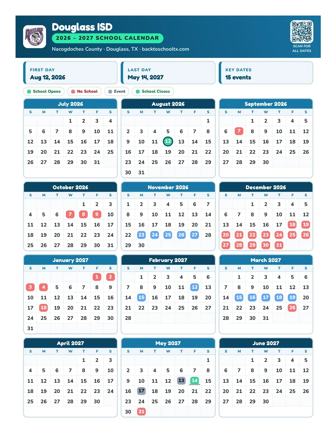 Douglass ISD Calendar for the Year 26-27