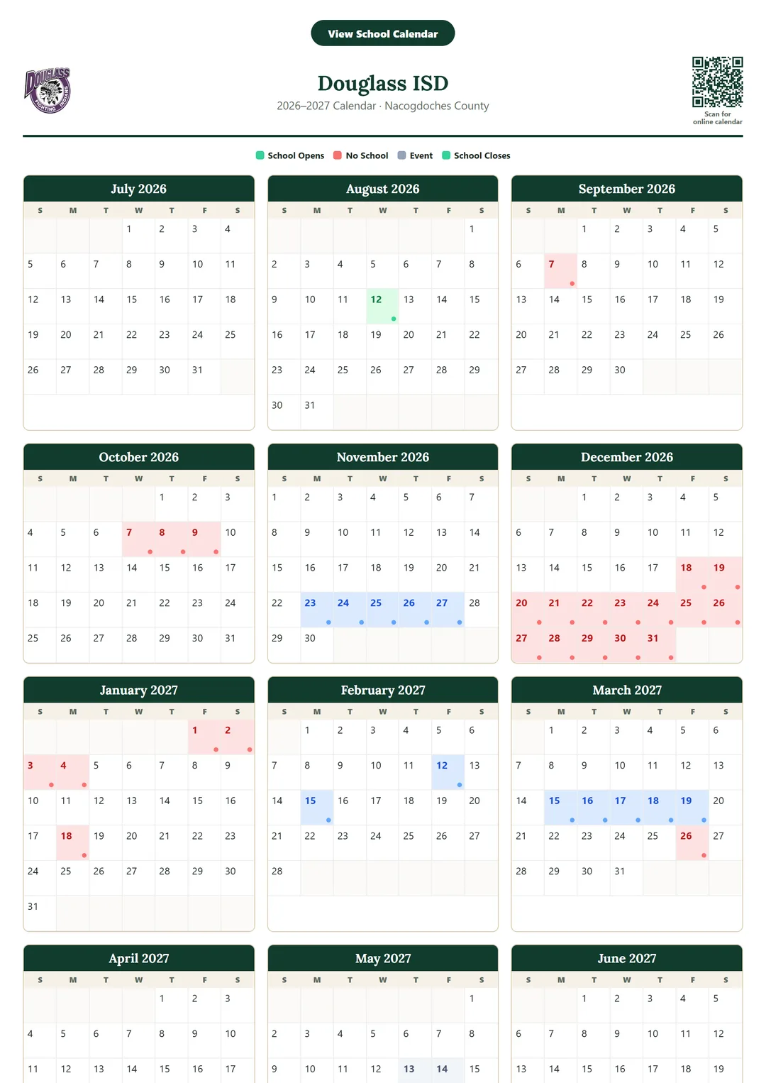 Douglass ISD printable 2026–2027 calendar