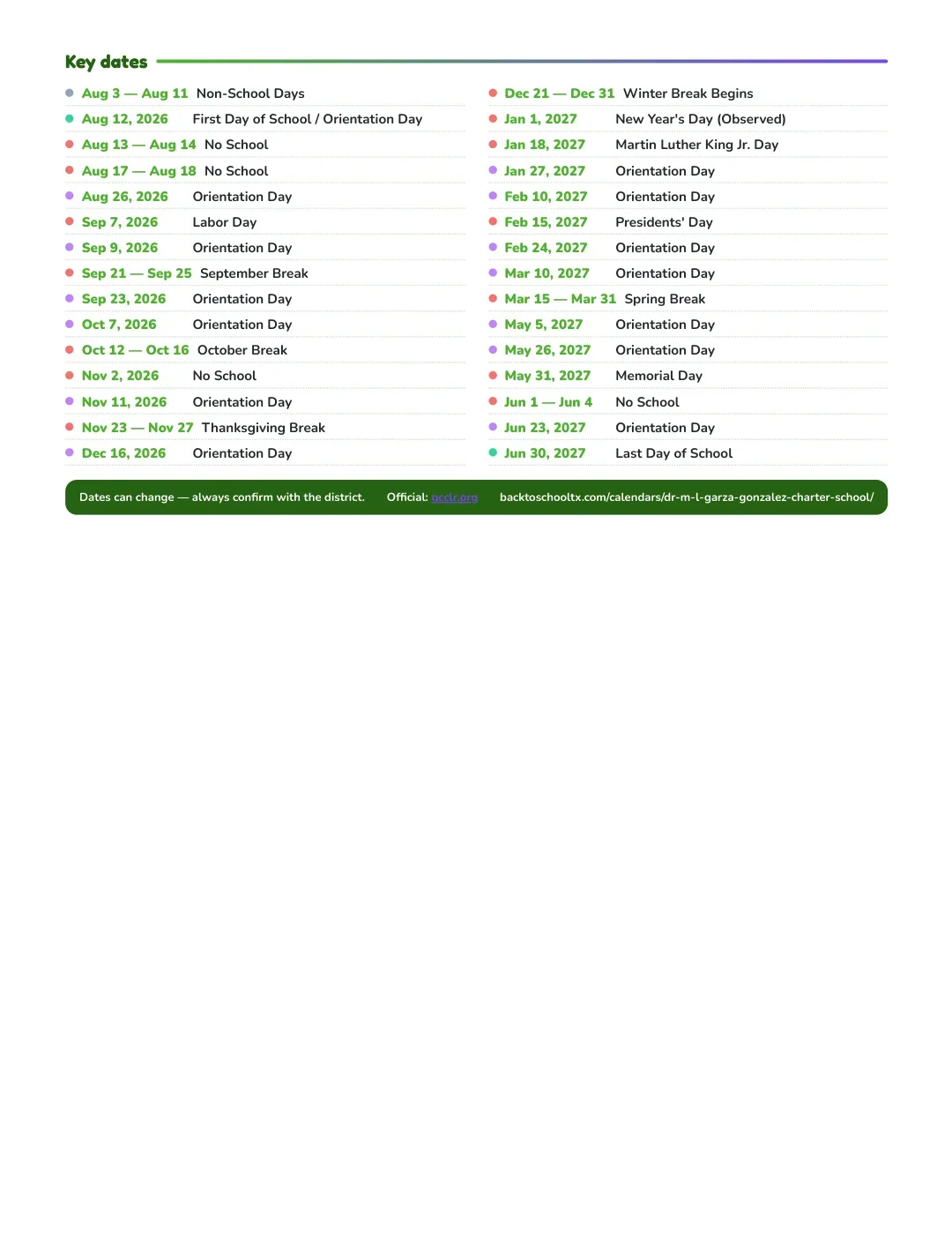 Dr M L Garza-gonzalez Charter School Calendar for the Year 26-27 — key dates