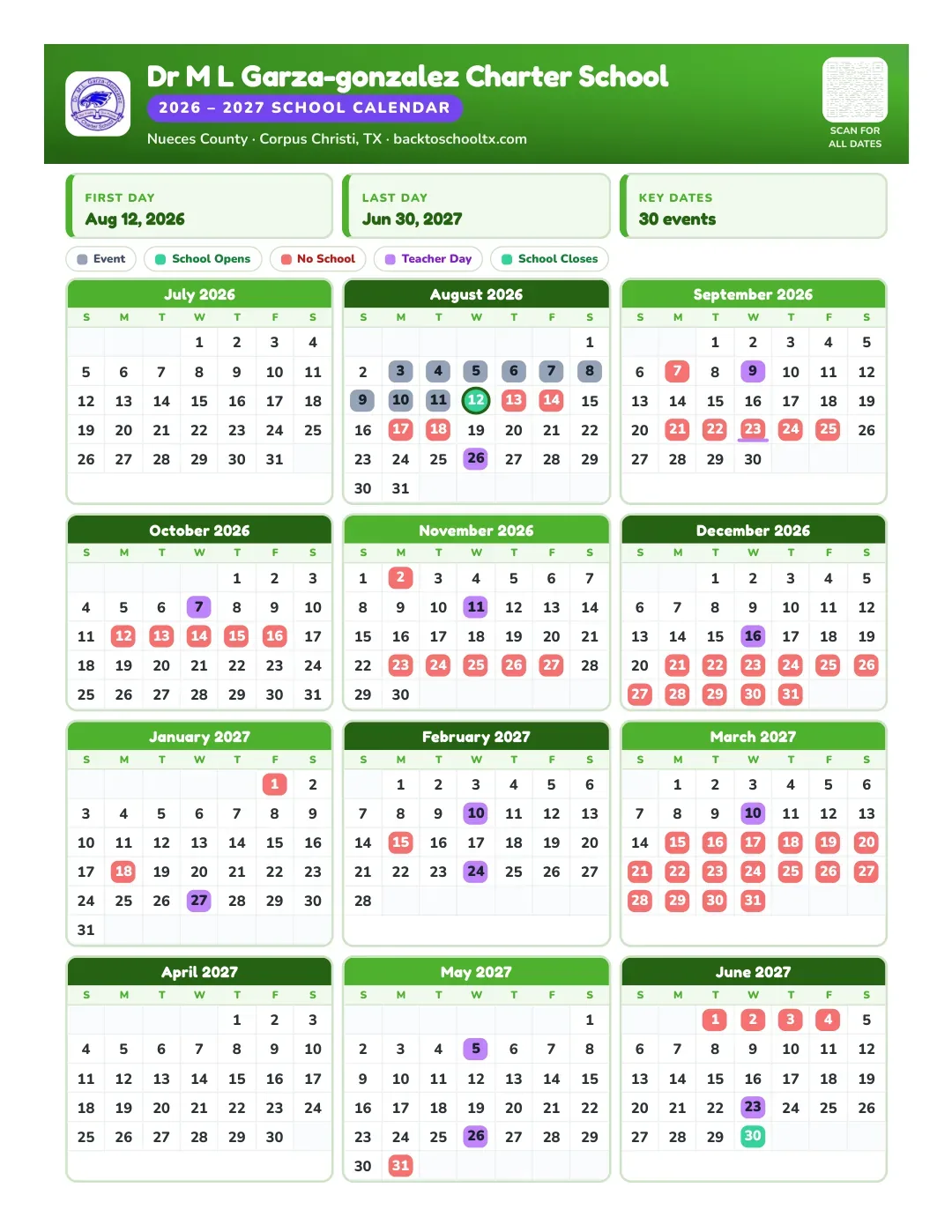Dr M L Garza-gonzalez Charter School Calendar for the Year 26-27