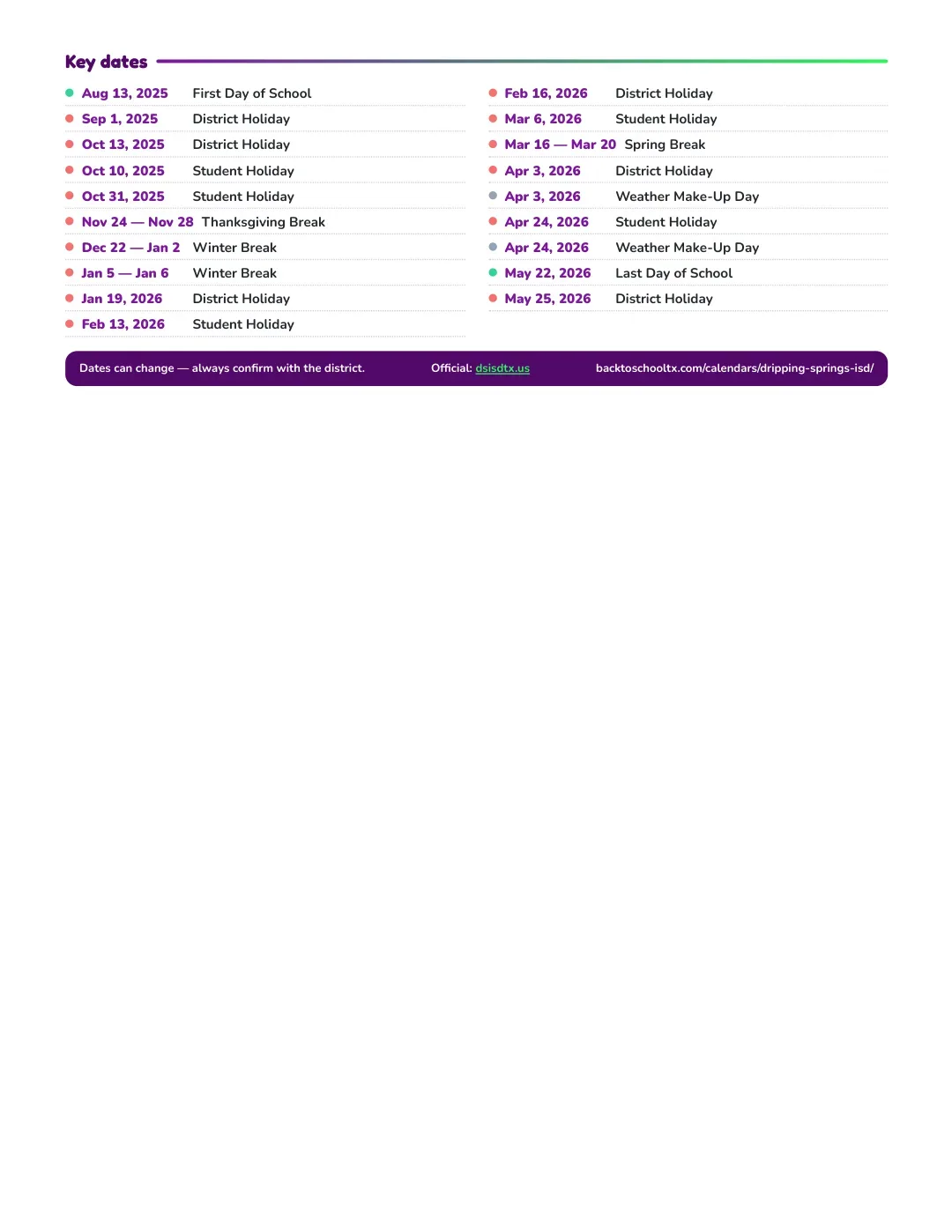 Dripping Springs ISD Calendar for the Year 26-27 — key dates