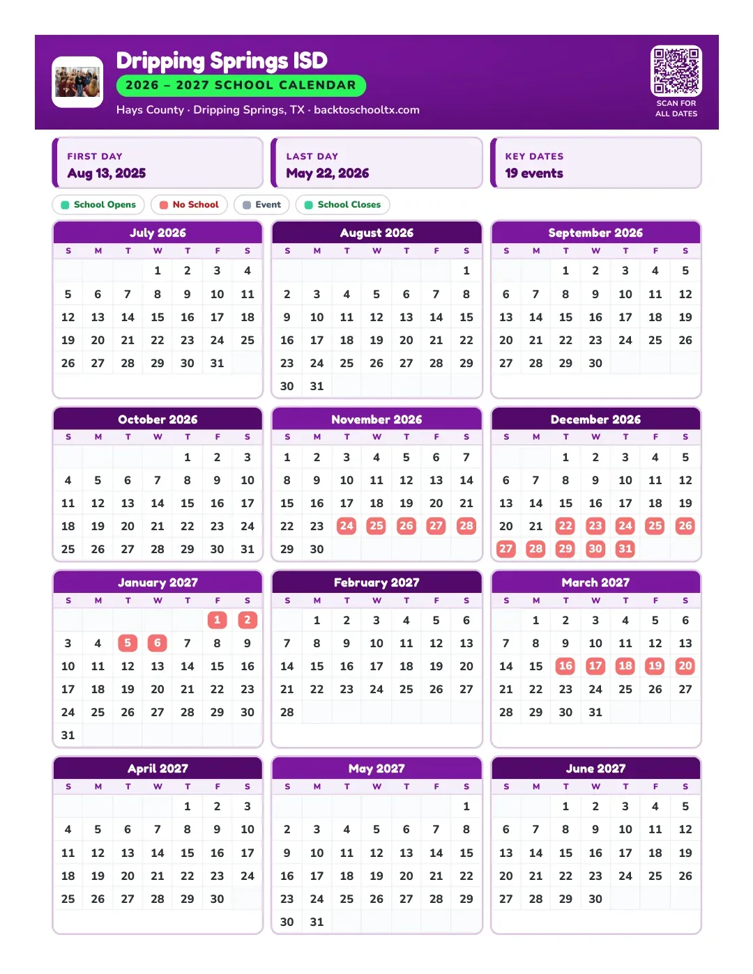 Dripping Springs ISD Calendar for the Year 26-27