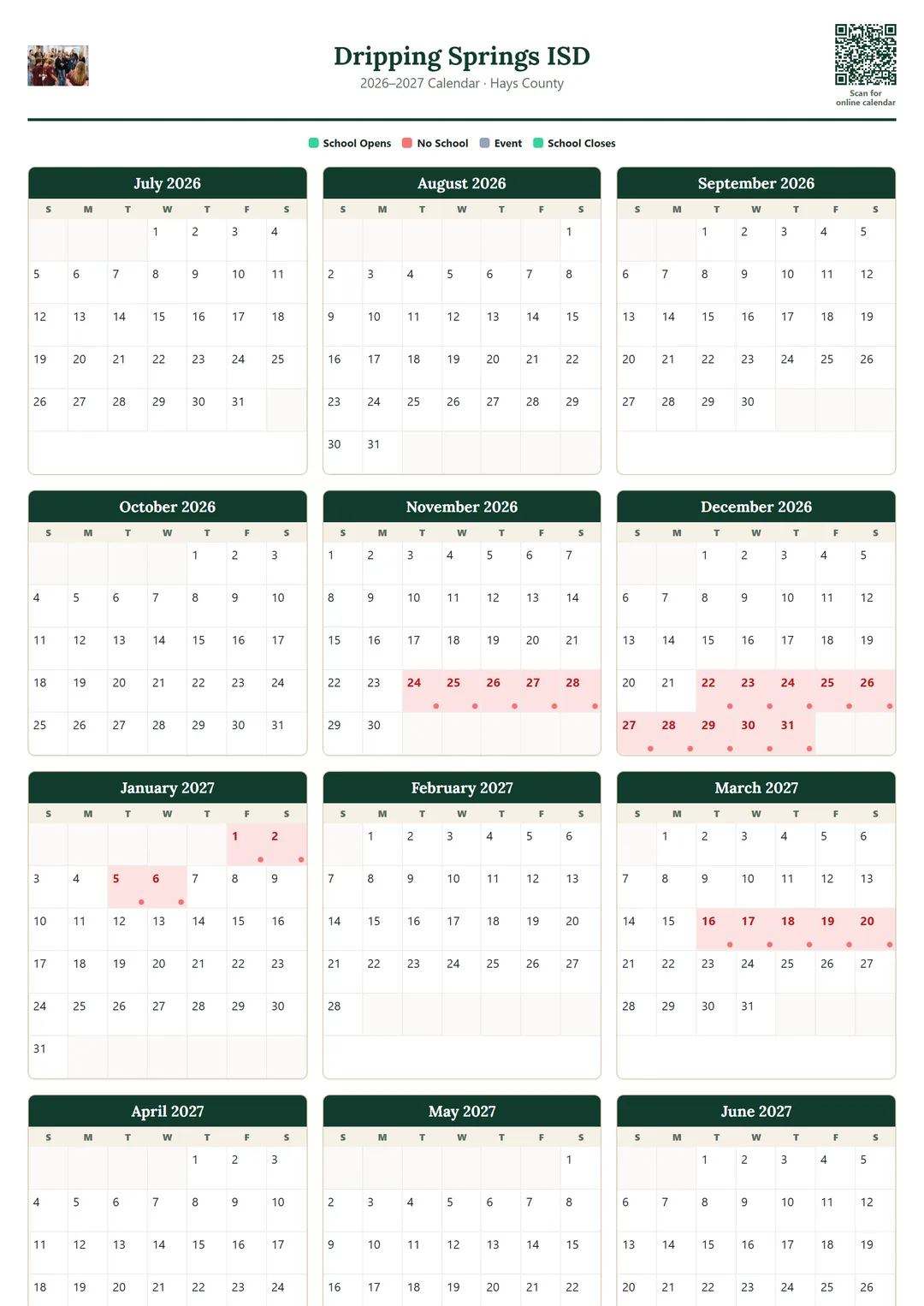 Dripping Springs ISD printable 2026–2027 calendar