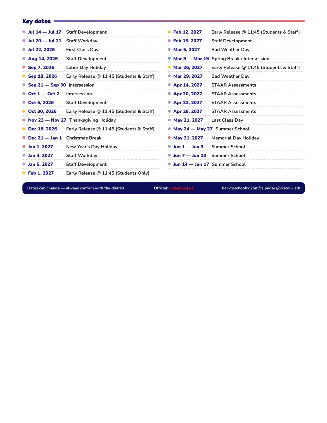 Driscoll ISD Calendar for the Year 26-27 — key dates