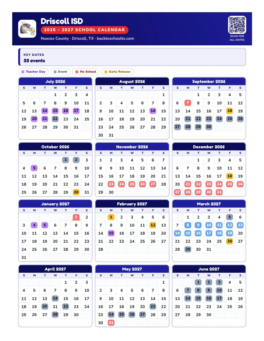 Driscoll ISD Calendar for the Year 26-27