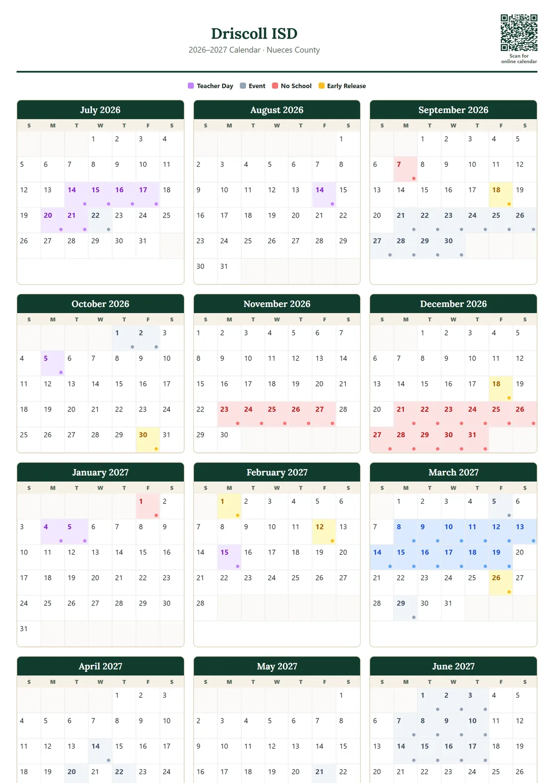 Driscoll ISD printable 2026–2027 calendar