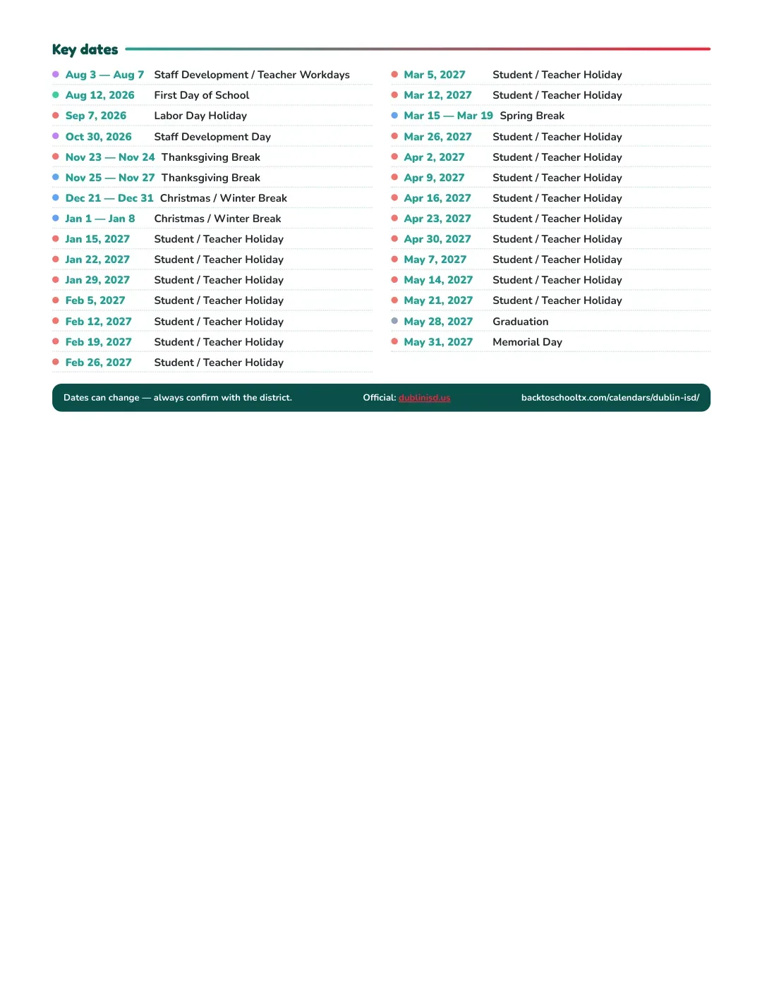 Dublin ISD Calendar for the Year 26-27 — key dates