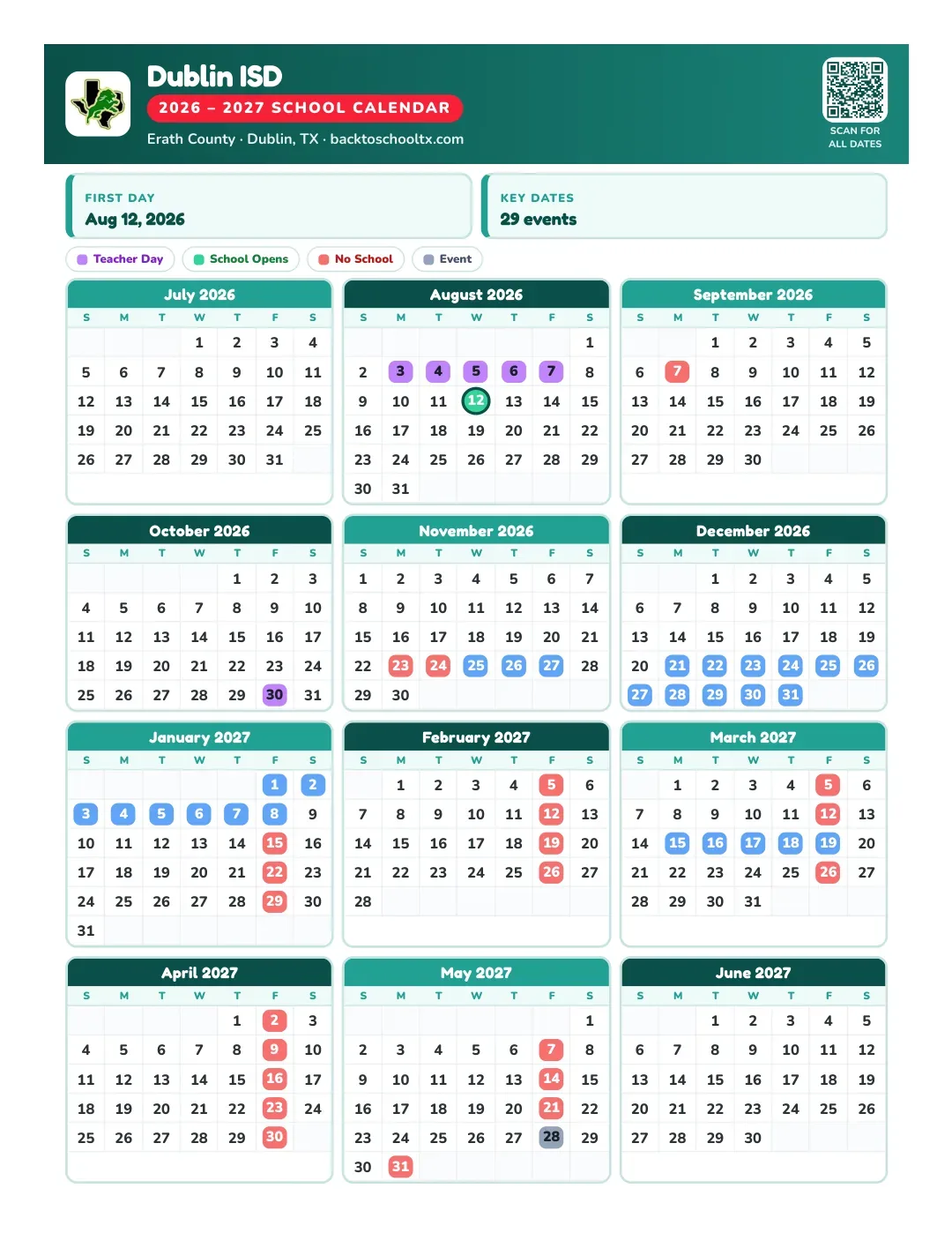 Dublin ISD Calendar for the Year 26-27