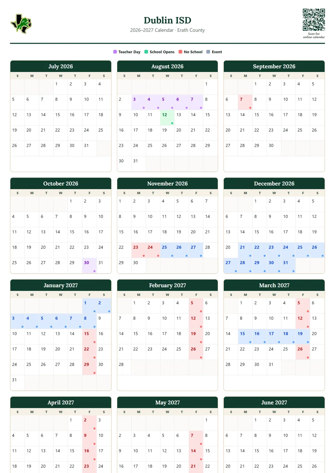 Dublin ISD printable 2026–2027 calendar