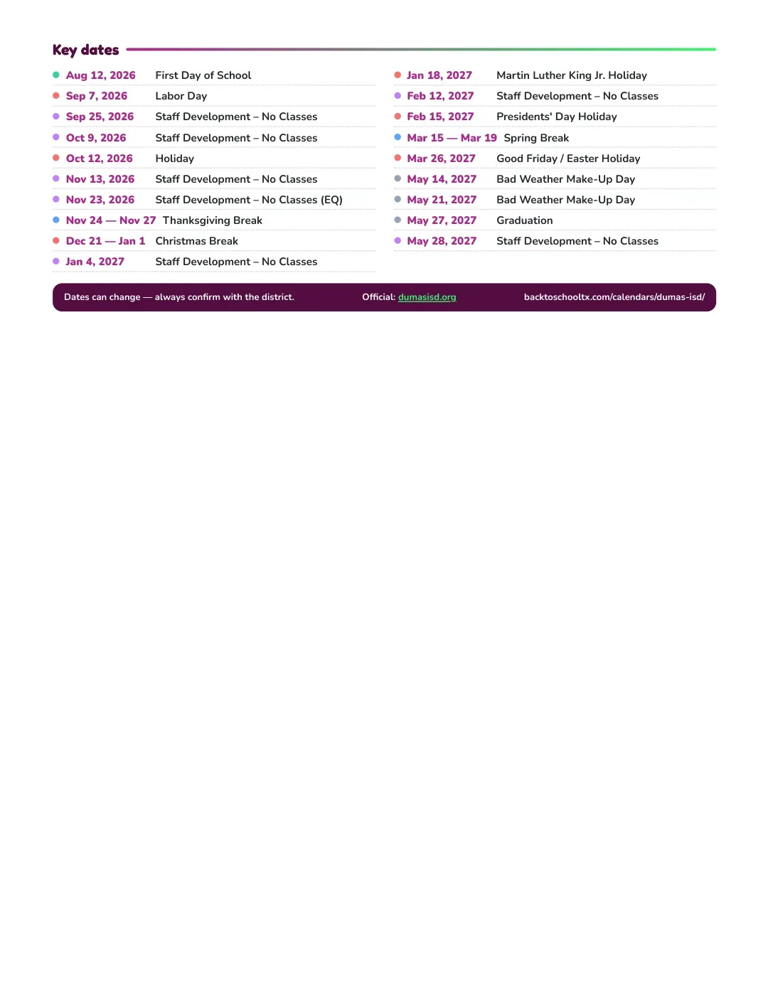 Dumas ISD Calendar for the Year 26-27 — key dates
