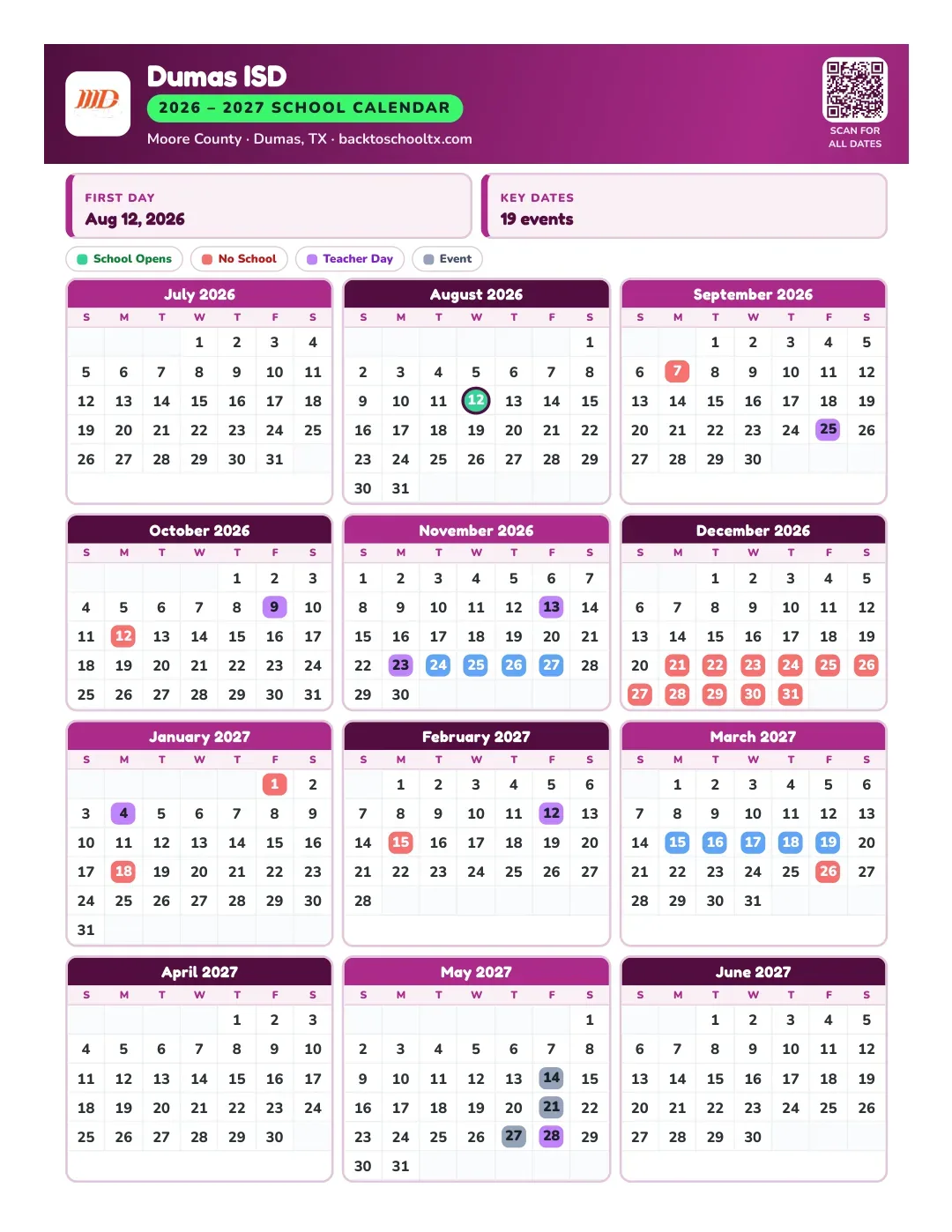 Dumas ISD Calendar for the Year 26-27
