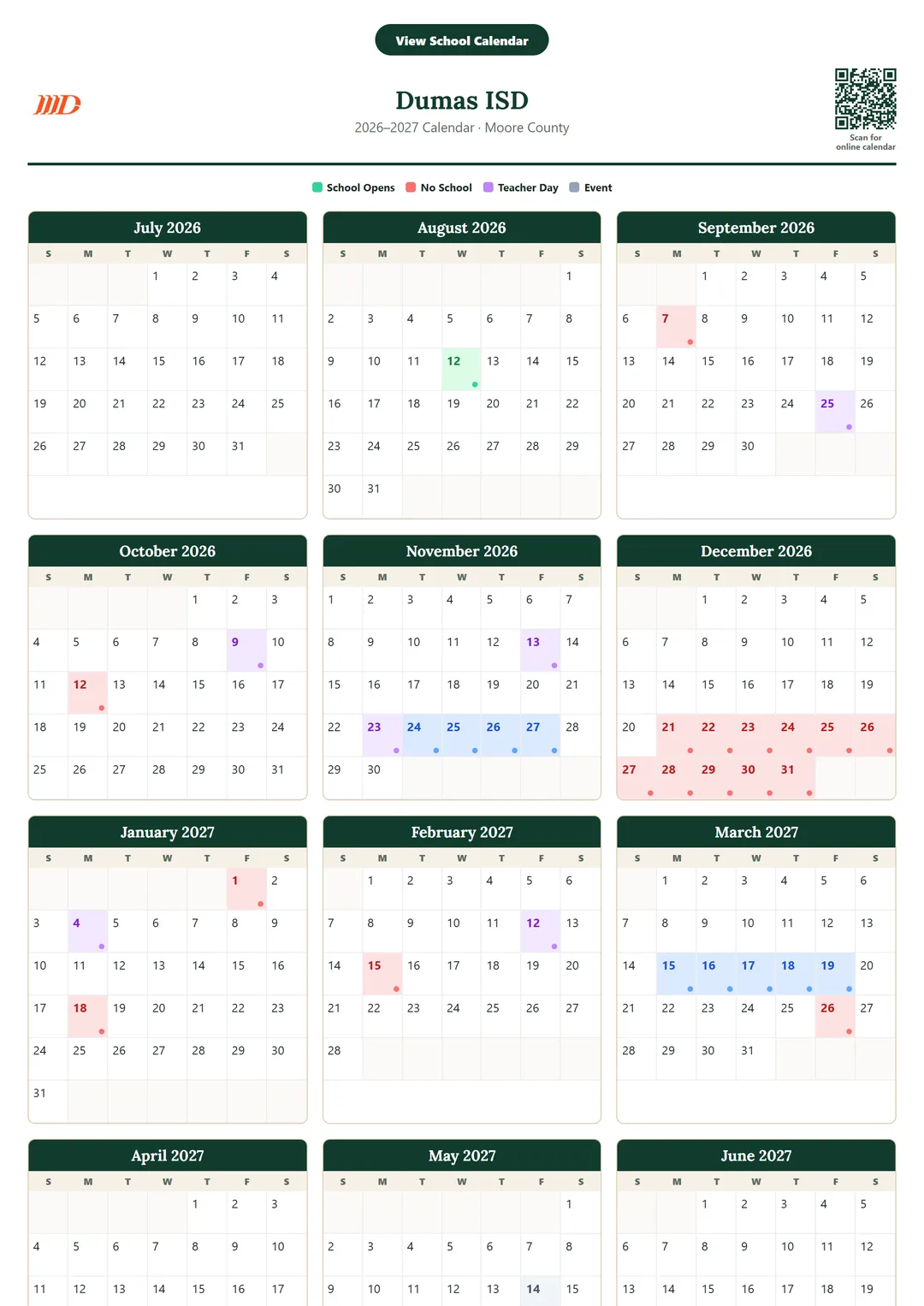 Dumas ISD printable 2026–2027 calendar