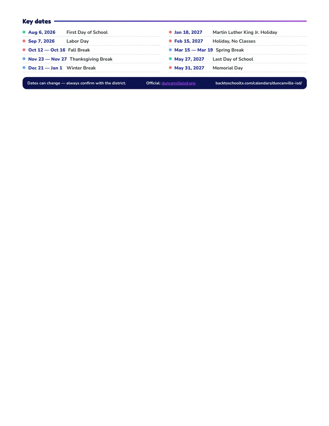 Duncanville ISD Calendar for the Year 26-27 — key dates