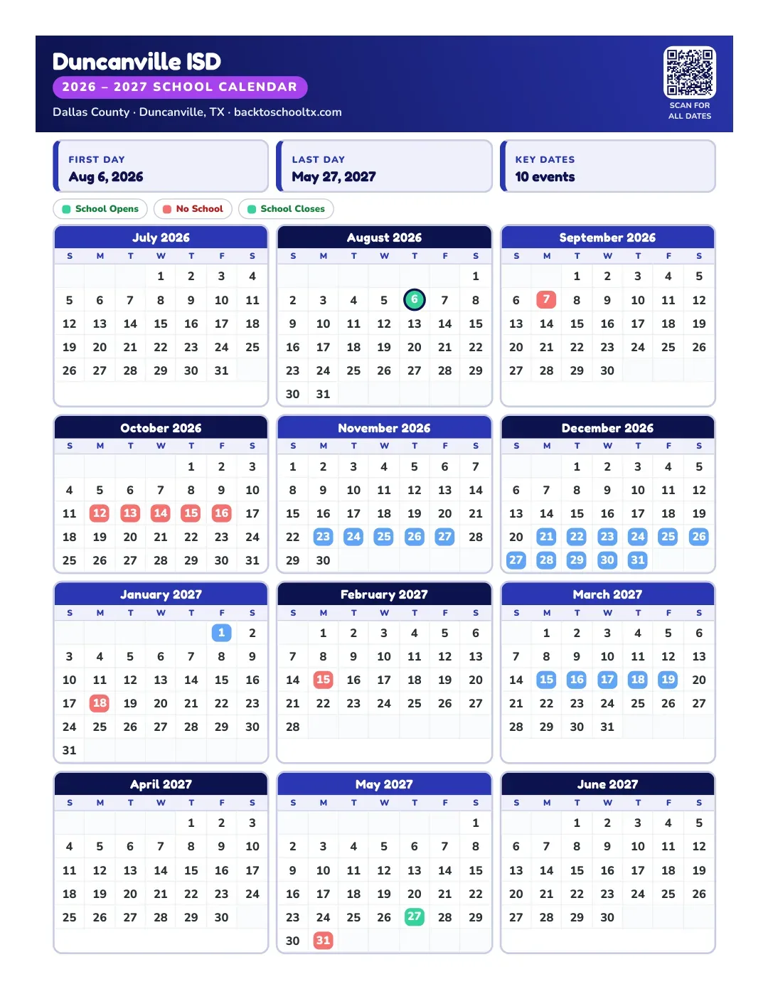 Duncanville ISD Calendar for the Year 26-27