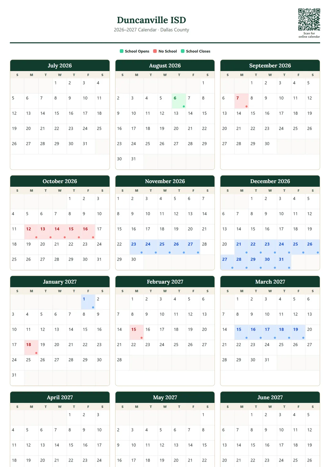 Duncanville ISD printable 2026–2027 calendar