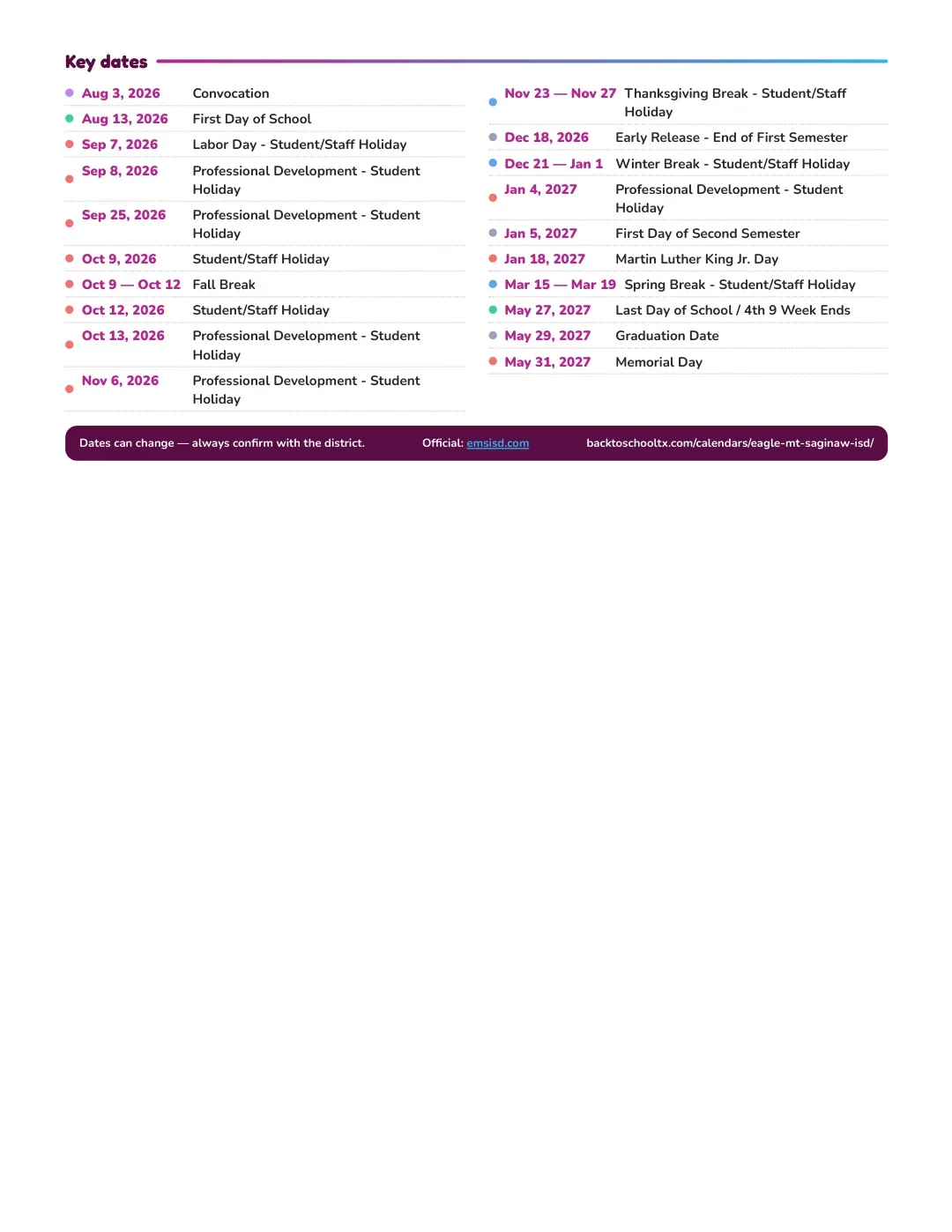 Eagle Mt-saginaw ISD Calendar for the Year 26-27 — key dates