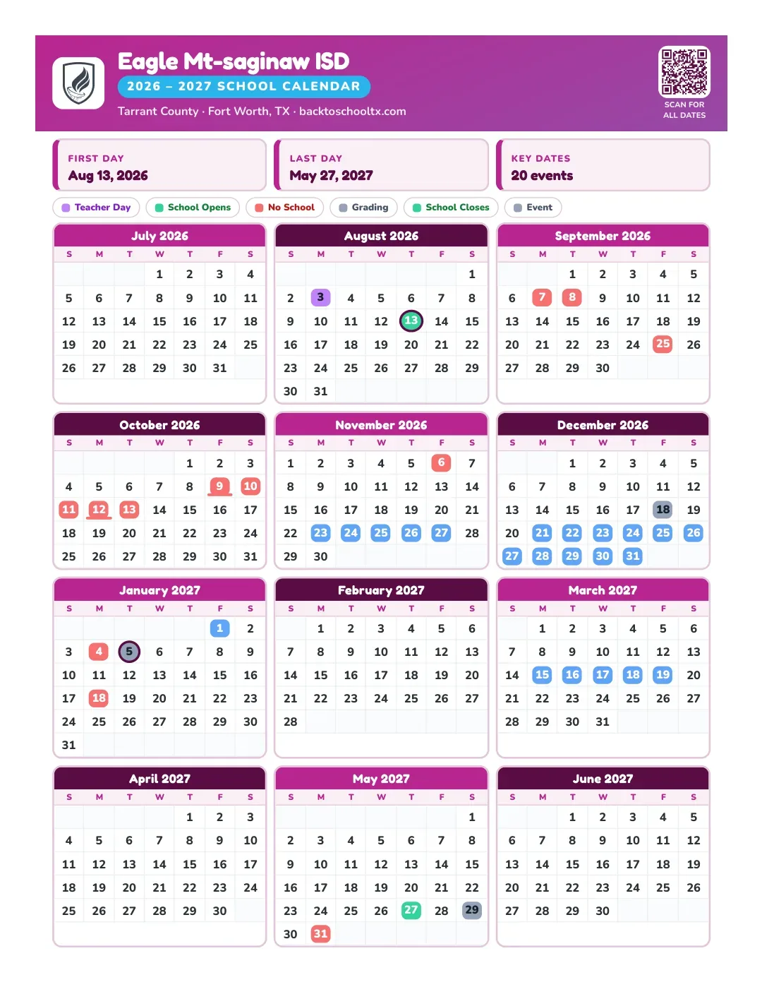 Eagle Mt-saginaw ISD Calendar for the Year 26-27