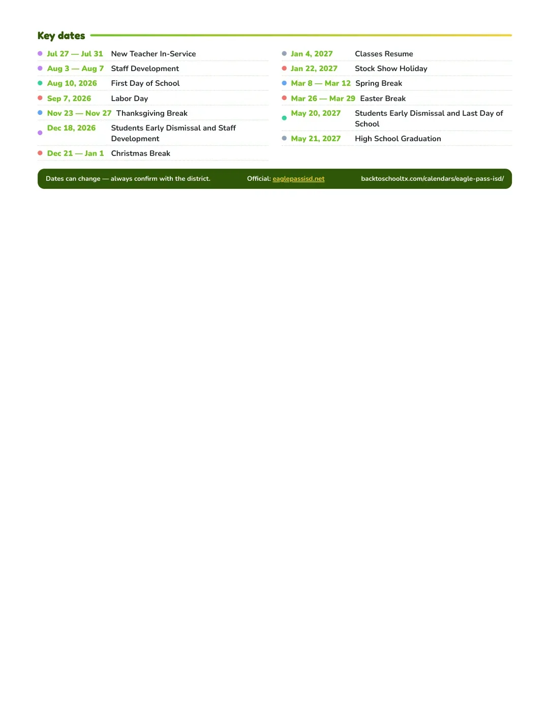Eagle Pass ISD Calendar for the Year 26-27 — key dates