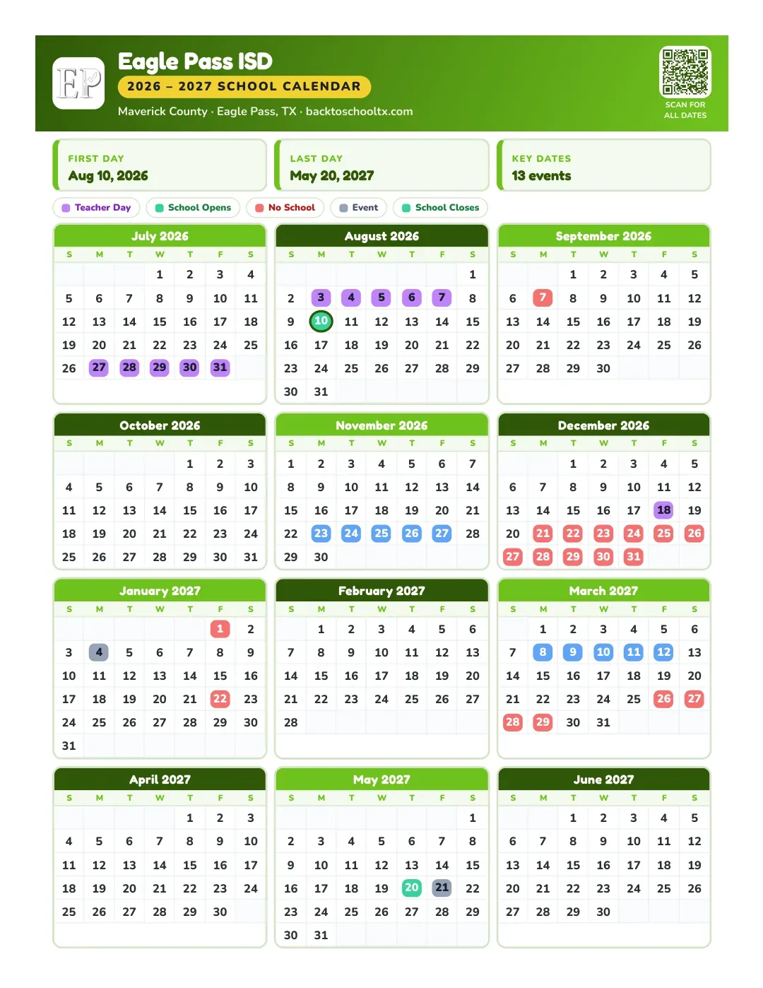 Eagle Pass ISD Calendar for the Year 26-27