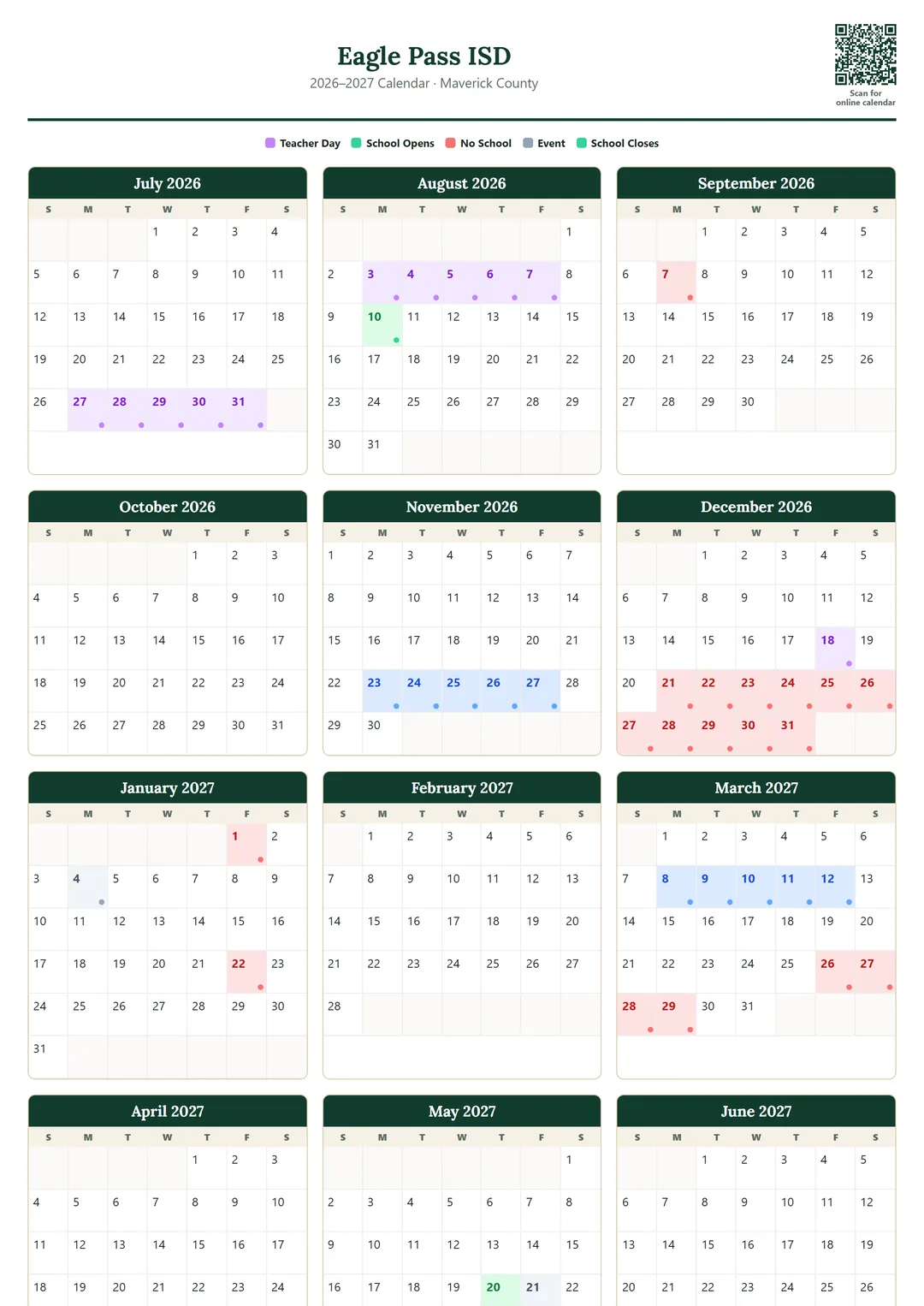 Eagle Pass ISD printable 2026–2027 calendar