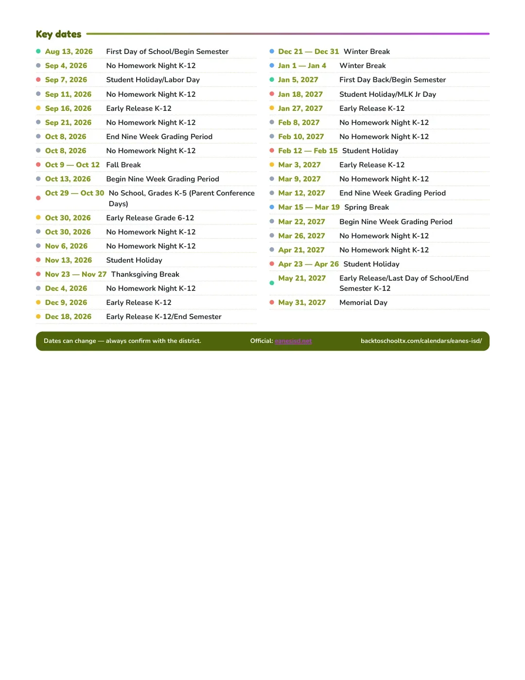 Eanes ISD Calendar for the Year 26-27 — key dates