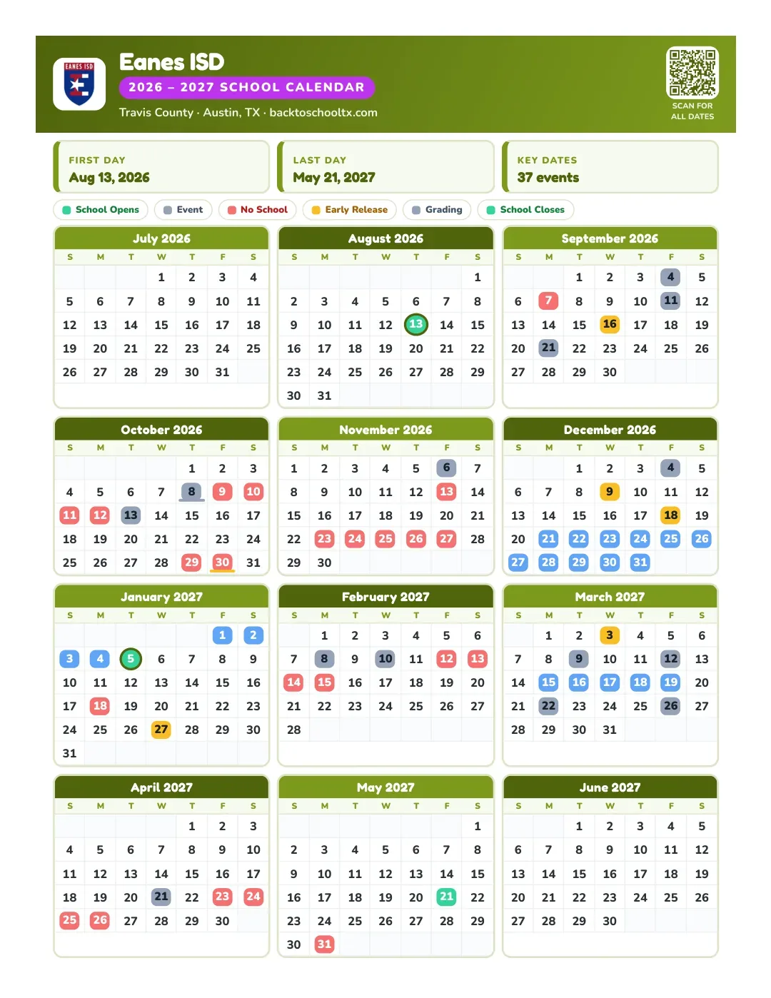 Eanes ISD Calendar for the Year 26-27