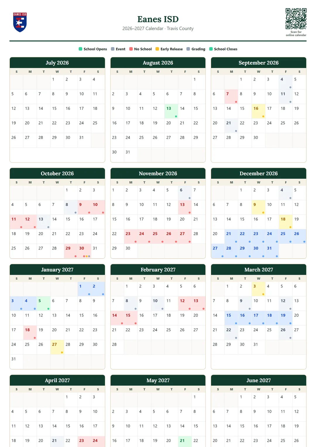 Eanes ISD printable 2026–2027 calendar