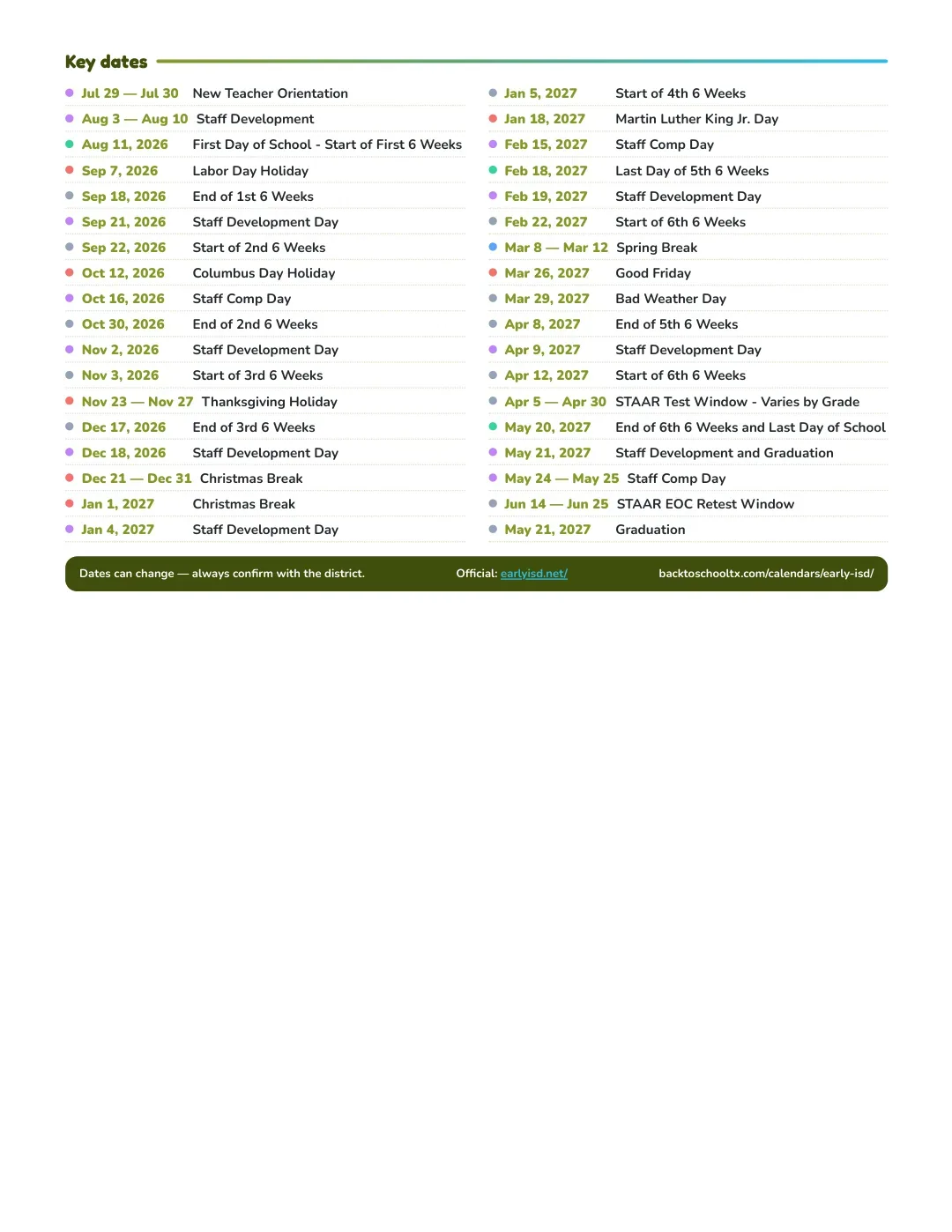 Early ISD Calendar for the Year 26-27 — key dates