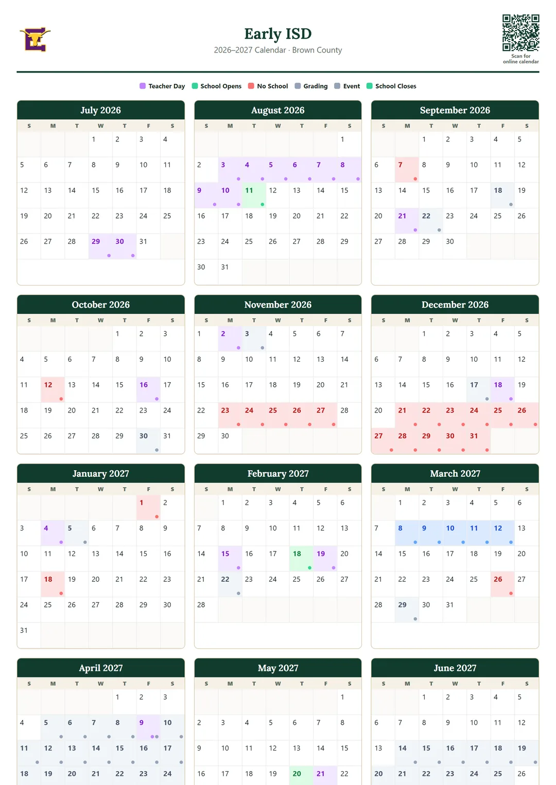 Early ISD printable 2026–2027 calendar