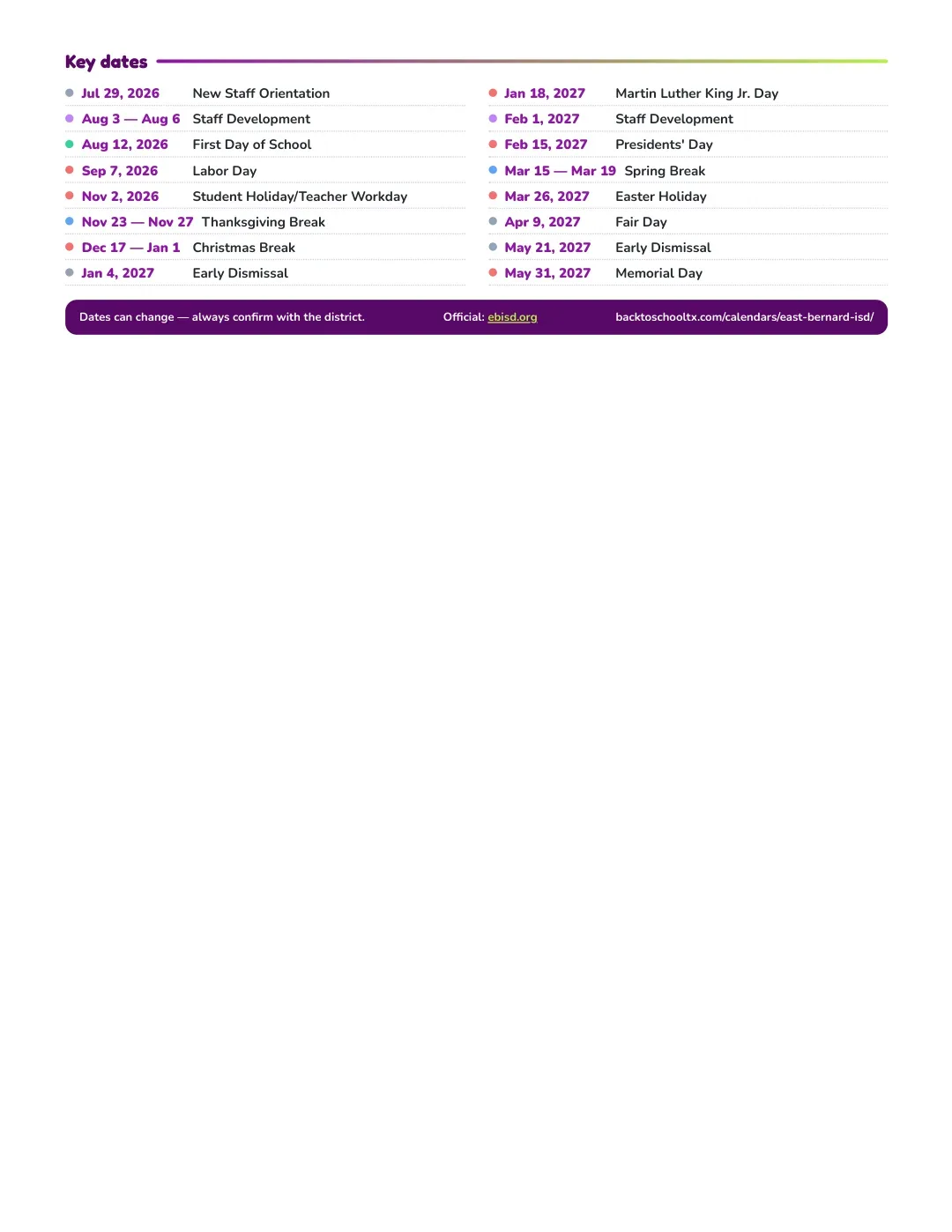 East Bernard ISD Calendar for the Year 26-27 — key dates