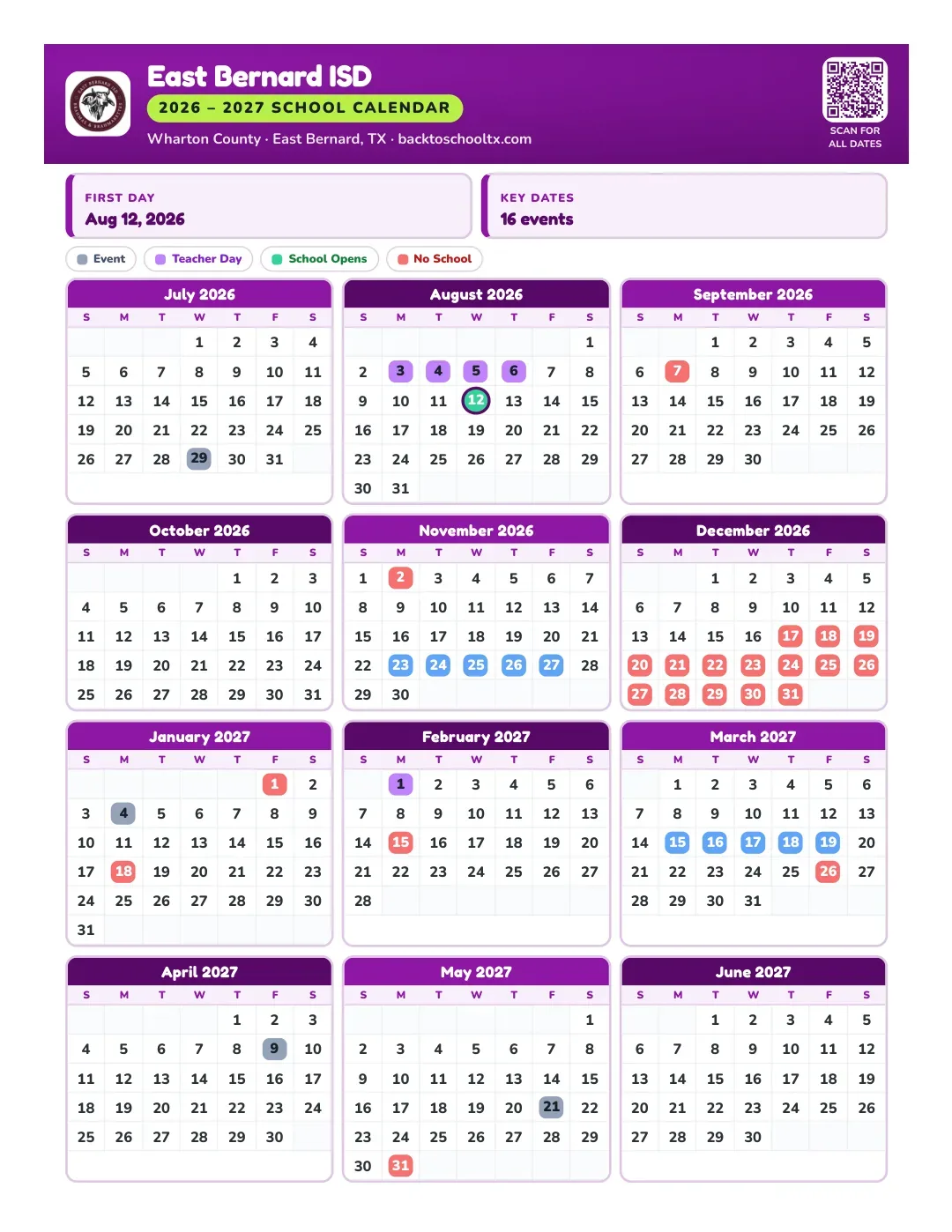 East Bernard ISD Calendar for the Year 26-27