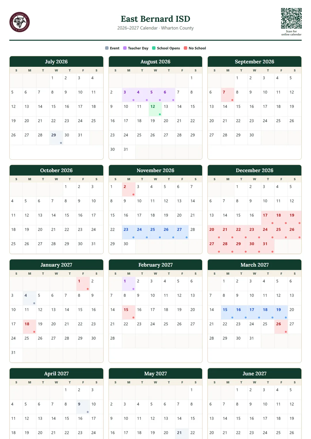 East Bernard ISD printable 2026–2027 calendar