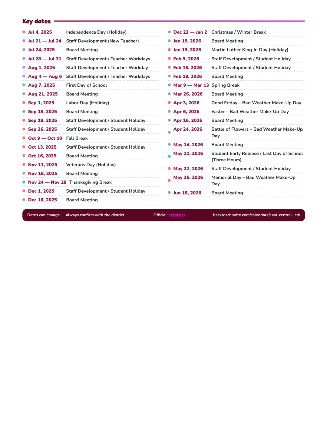 East Central ISD Calendar for the Year 26-27 — key dates