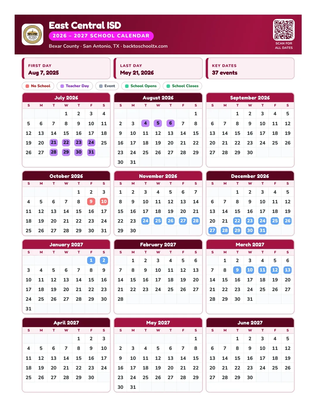 East Central ISD Calendar for the Year 26-27