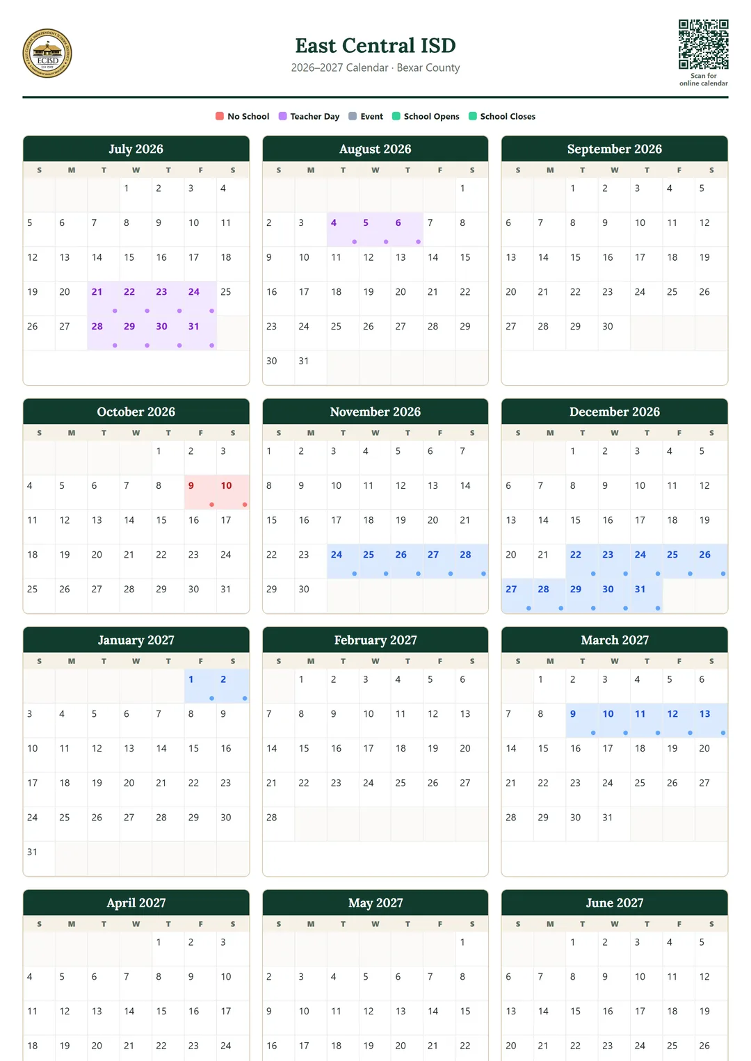 East Central ISD printable 2026–2027 calendar
